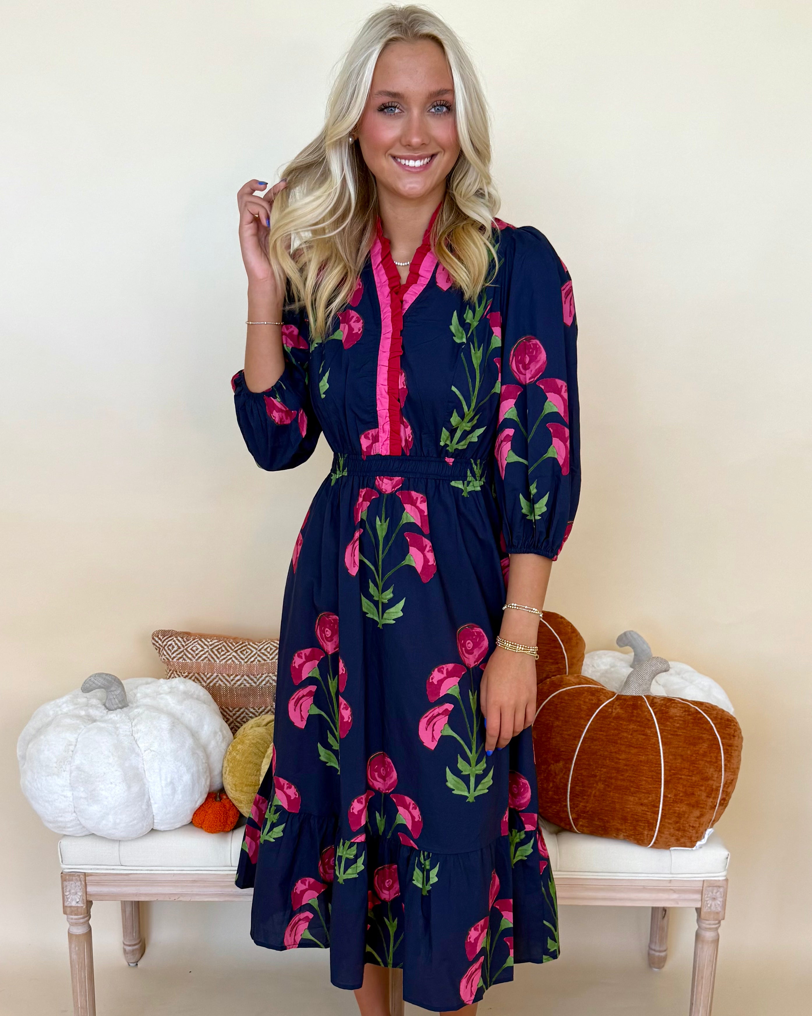 Warm Feels Navy Floral Print Midi Dress-Shop-Womens-Boutique-Clothing