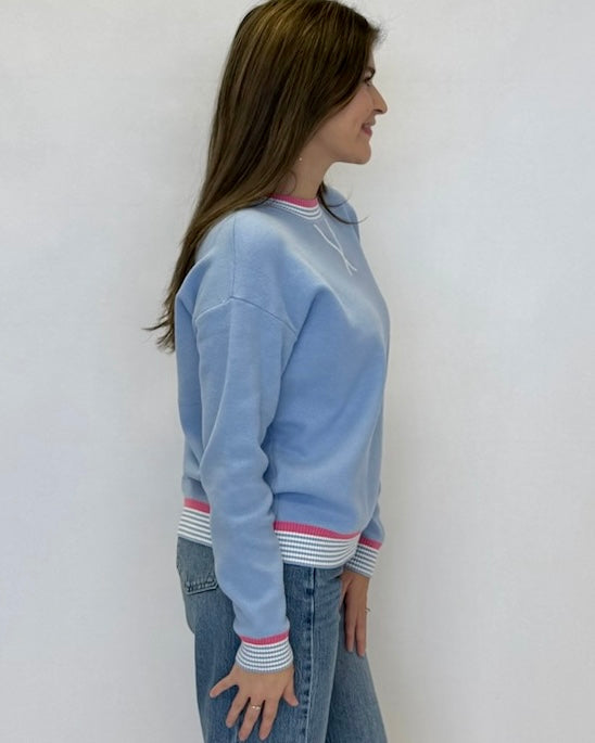 Simple Classic Lt Blue Striped Trim Sweater-Shop-Womens-Boutique-Clothing