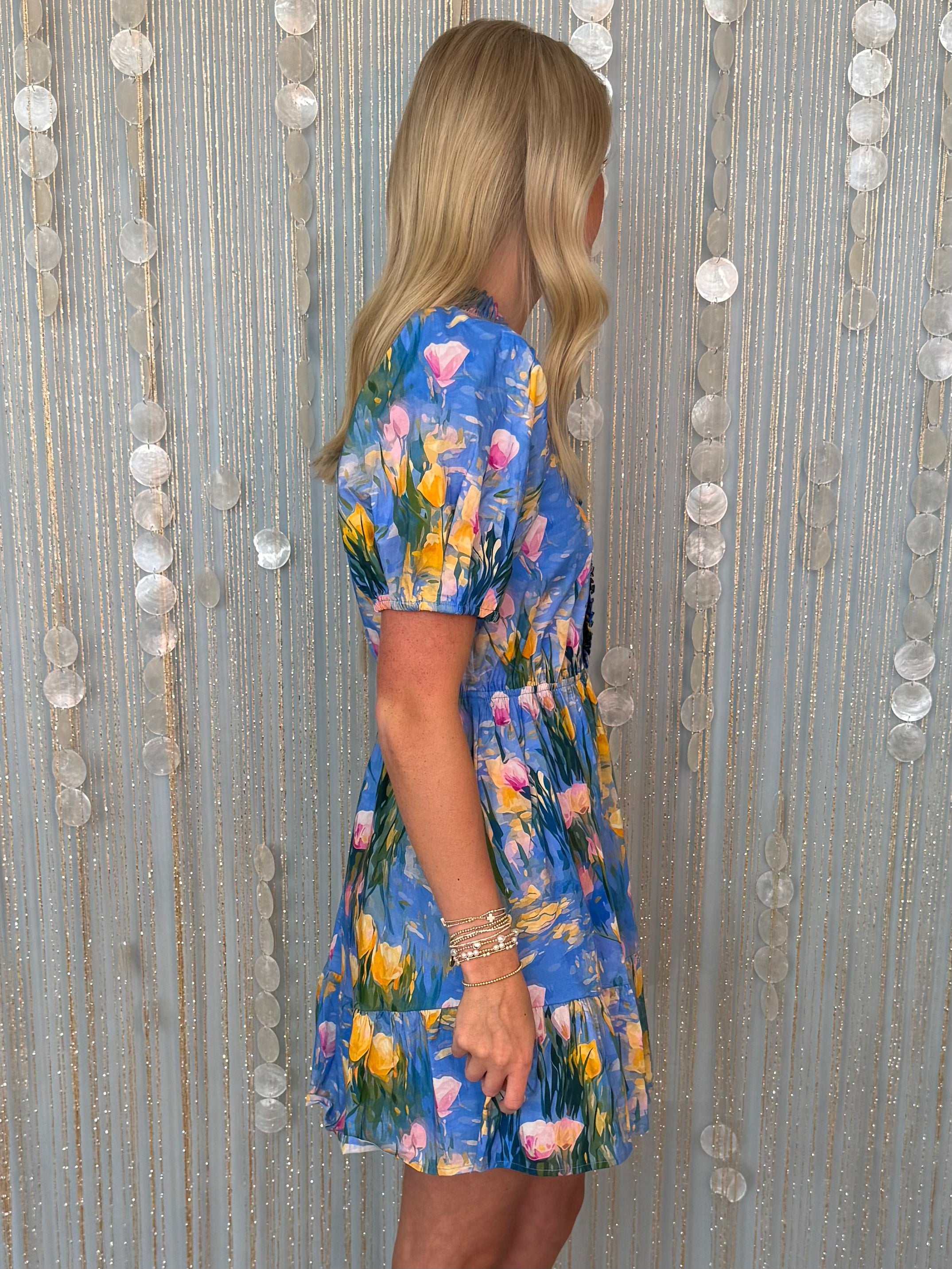 Coastal Strolls Blue Botanical Ruffle Dress-Shop-Womens-Boutique-Clothing