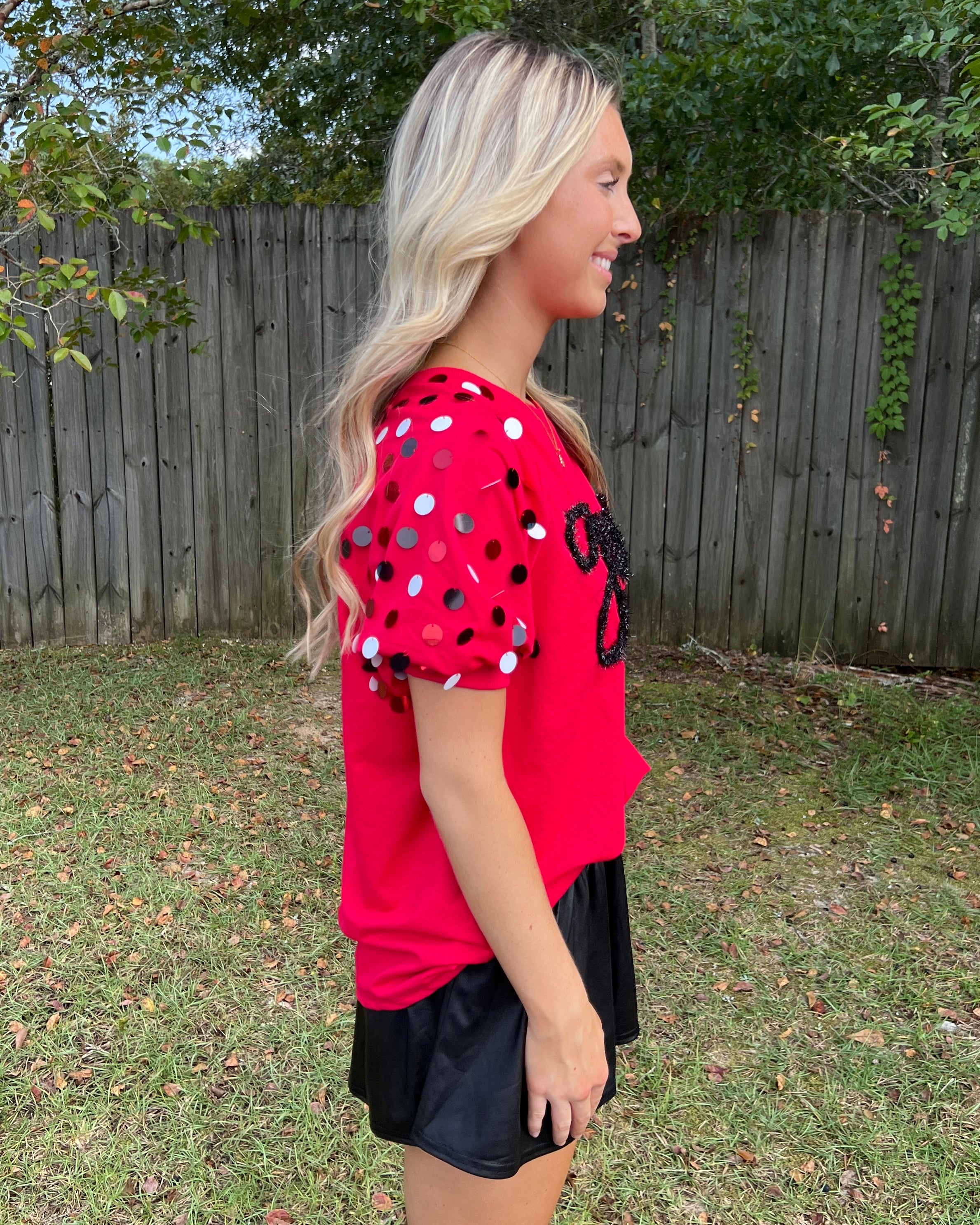 Can't Hold Back Red Game Day Metallic Puff Sleeve Top-Shop-Womens-Boutique-Clothing