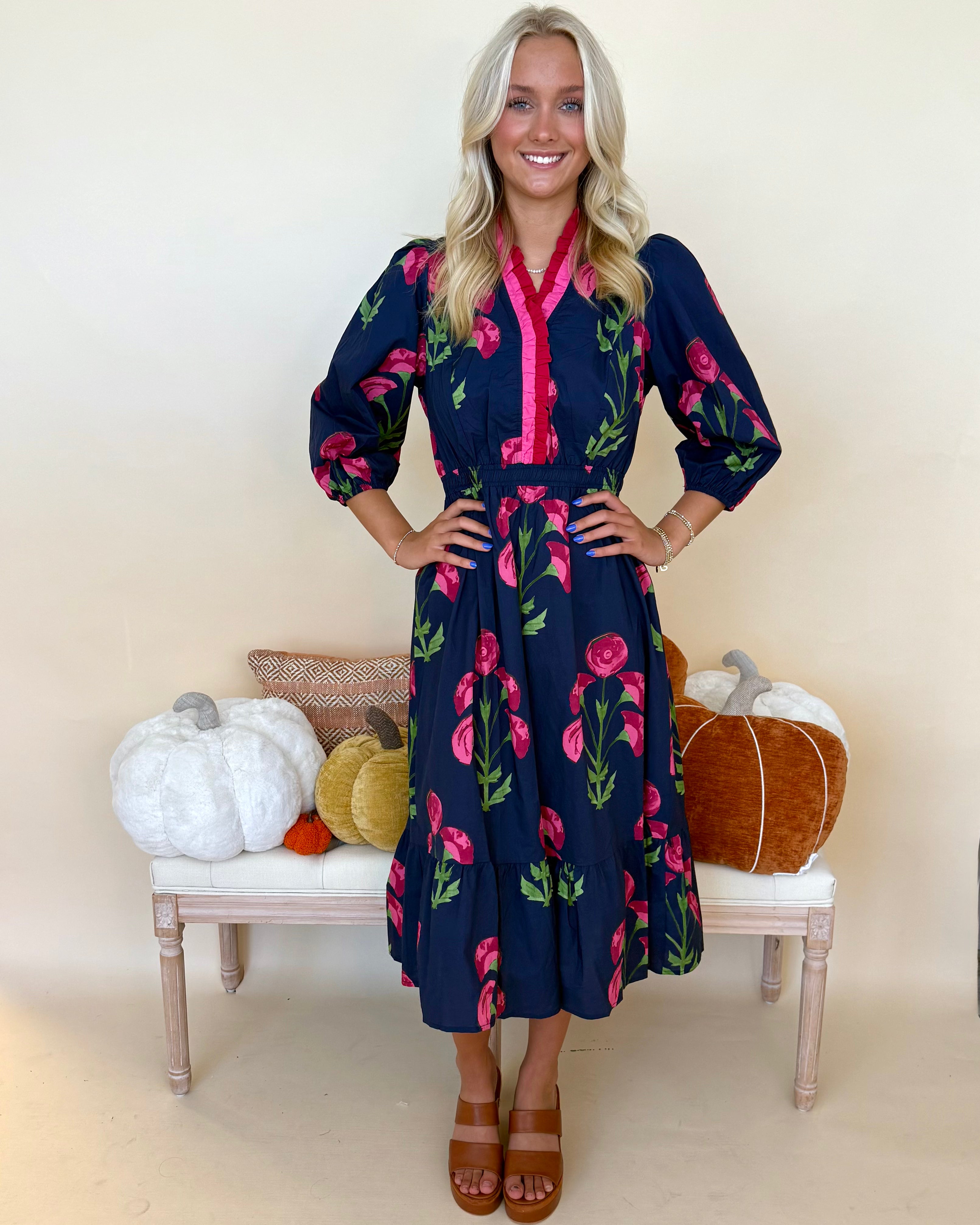 Warm Feels Navy Floral Print Midi Dress-Shop-Womens-Boutique-Clothing