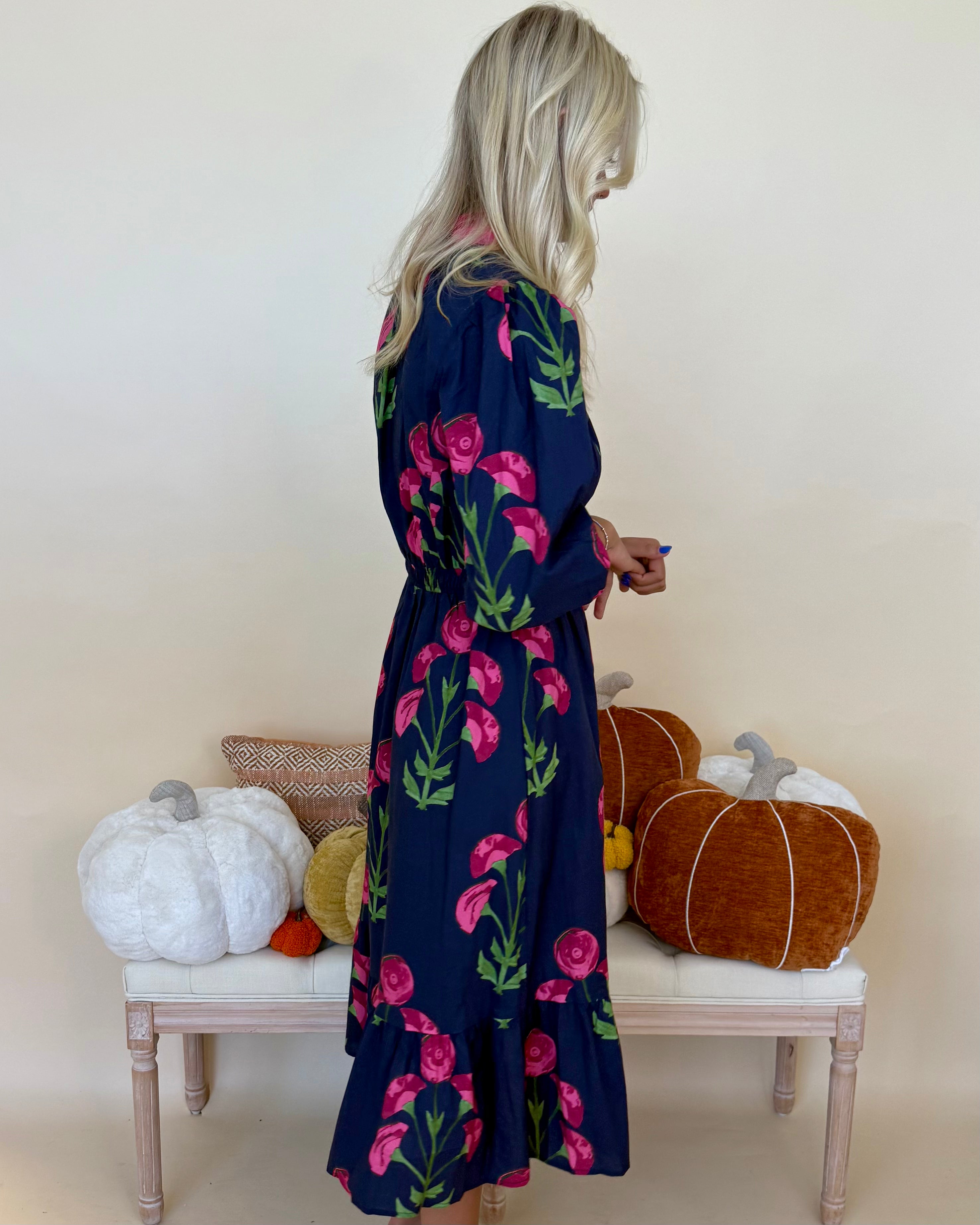 Warm Feels Navy Floral Print Midi Dress-Shop-Womens-Boutique-Clothing