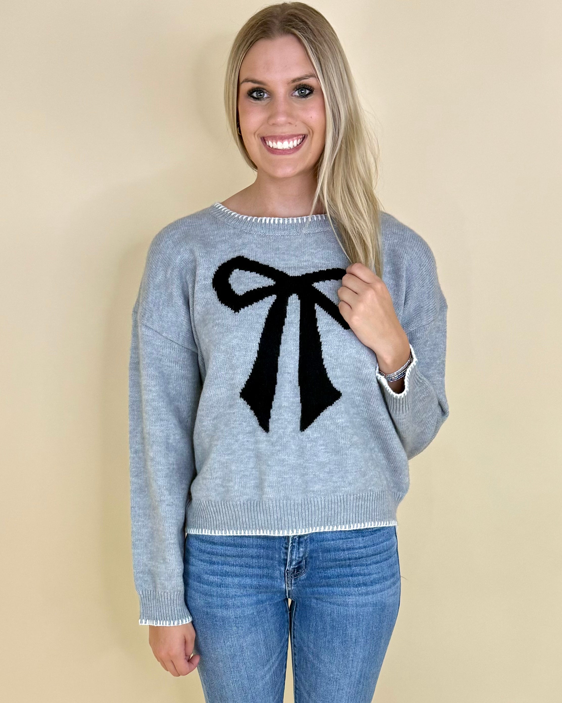 Sweet Nothings H Grey Bow Sweater-Shop-Womens-Boutique-Clothing