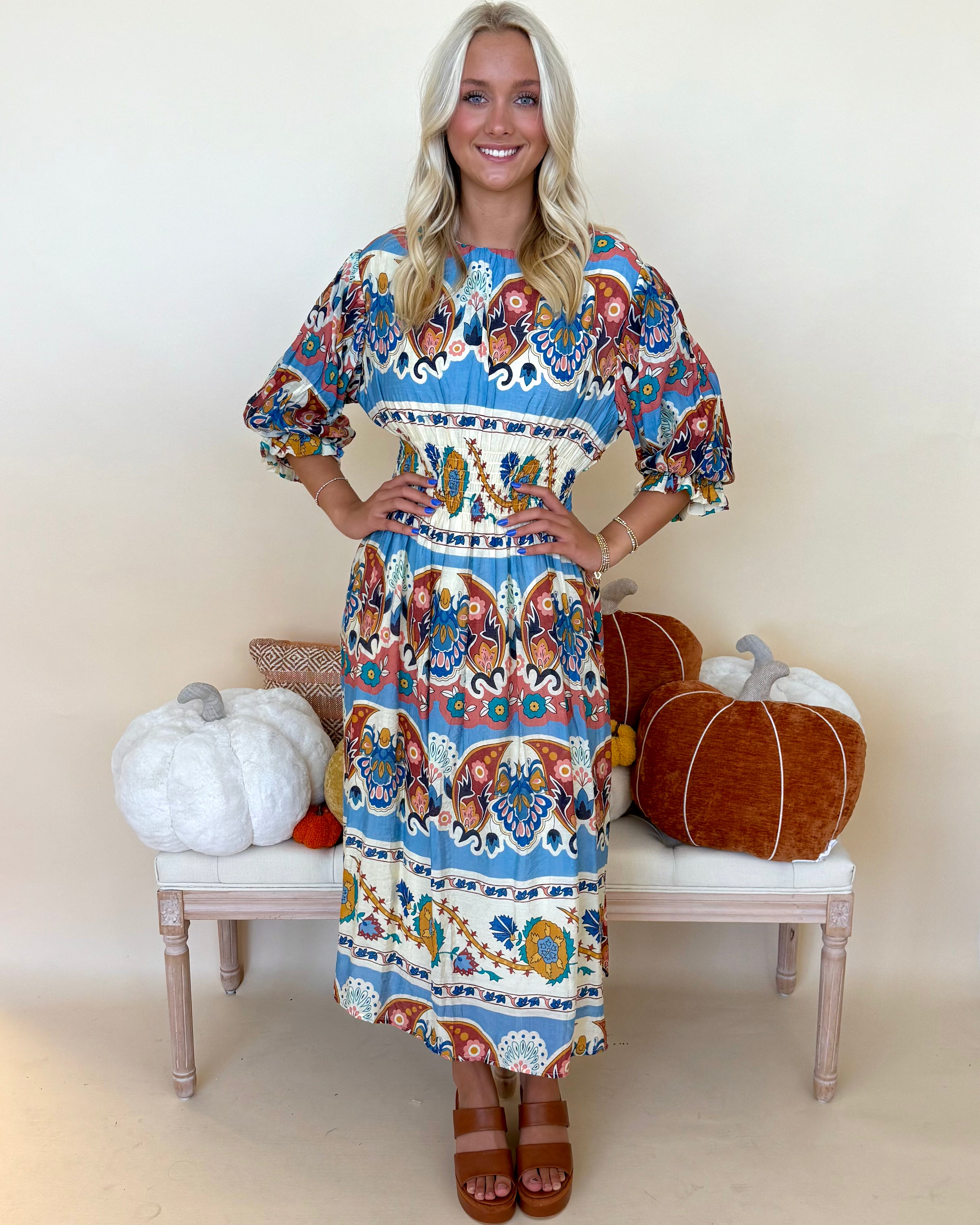 Fresh Horizon Blue Mix Floral Smocked Midi Dress-Shop-Womens-Boutique-Clothing