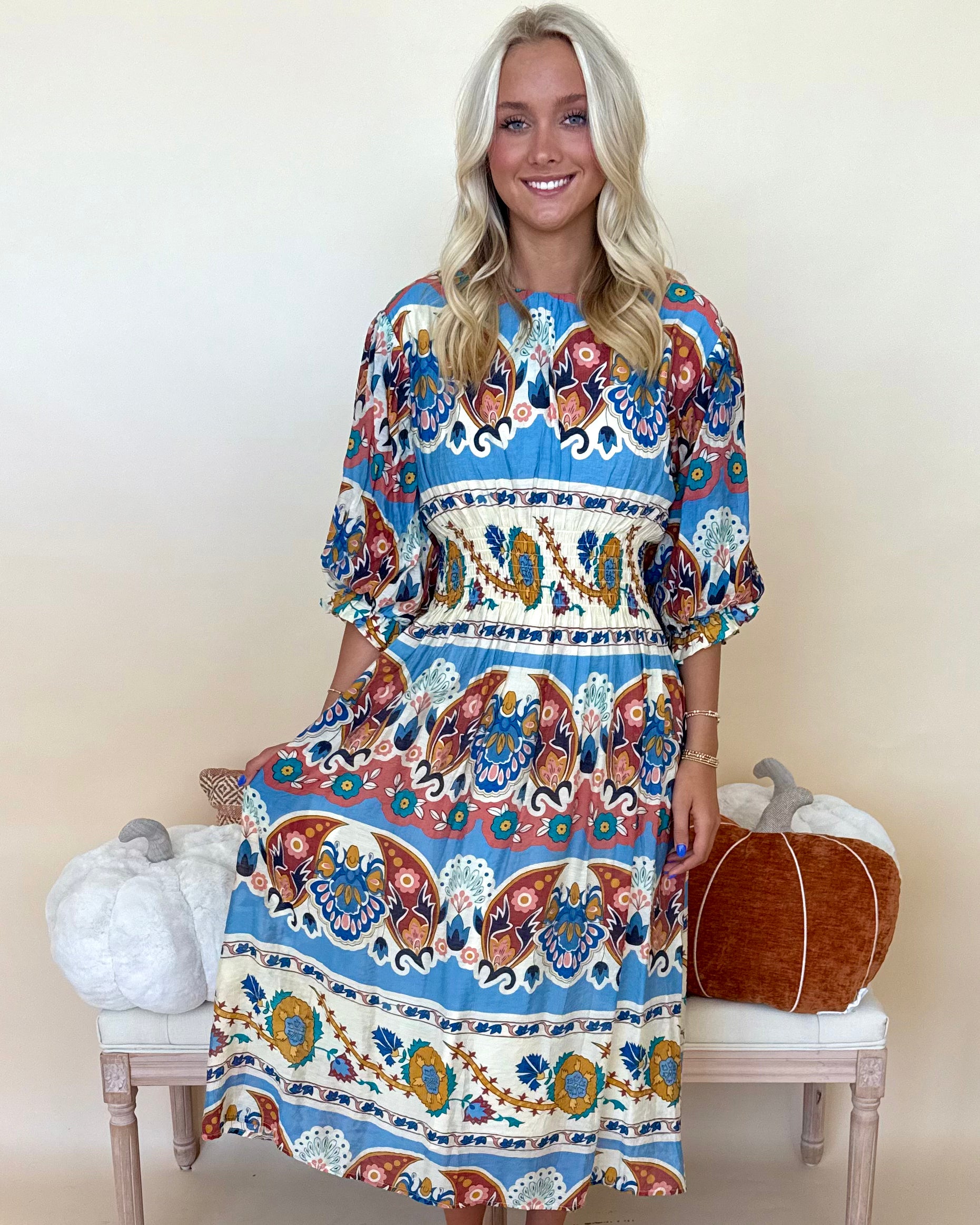 Fresh Horizon Blue Mix Floral Smocked Midi Dress-Shop-Womens-Boutique-Clothing
