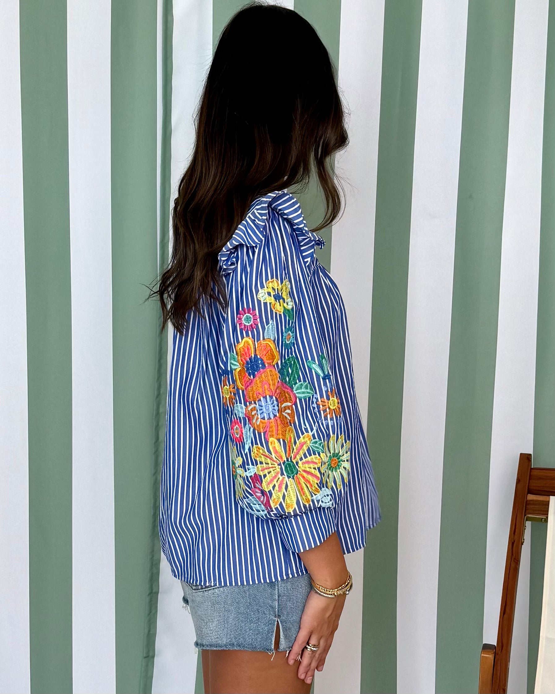Copy That Denim Striped Embroidered Top-Shop-Womens-Boutique-Clothing