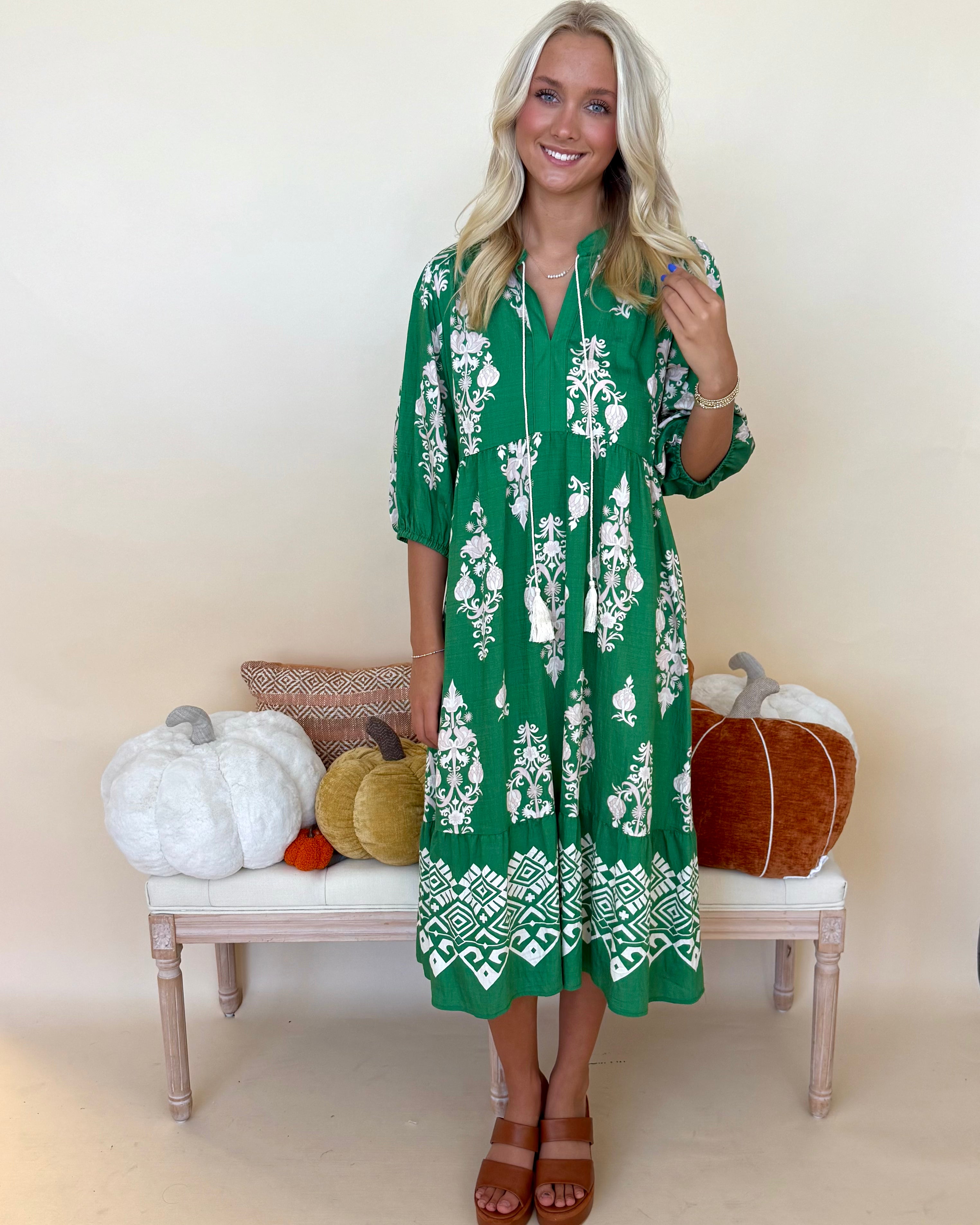 Casual Outing Green Abstract Tie Midi Dress-Shop-Womens-Boutique-Clothing