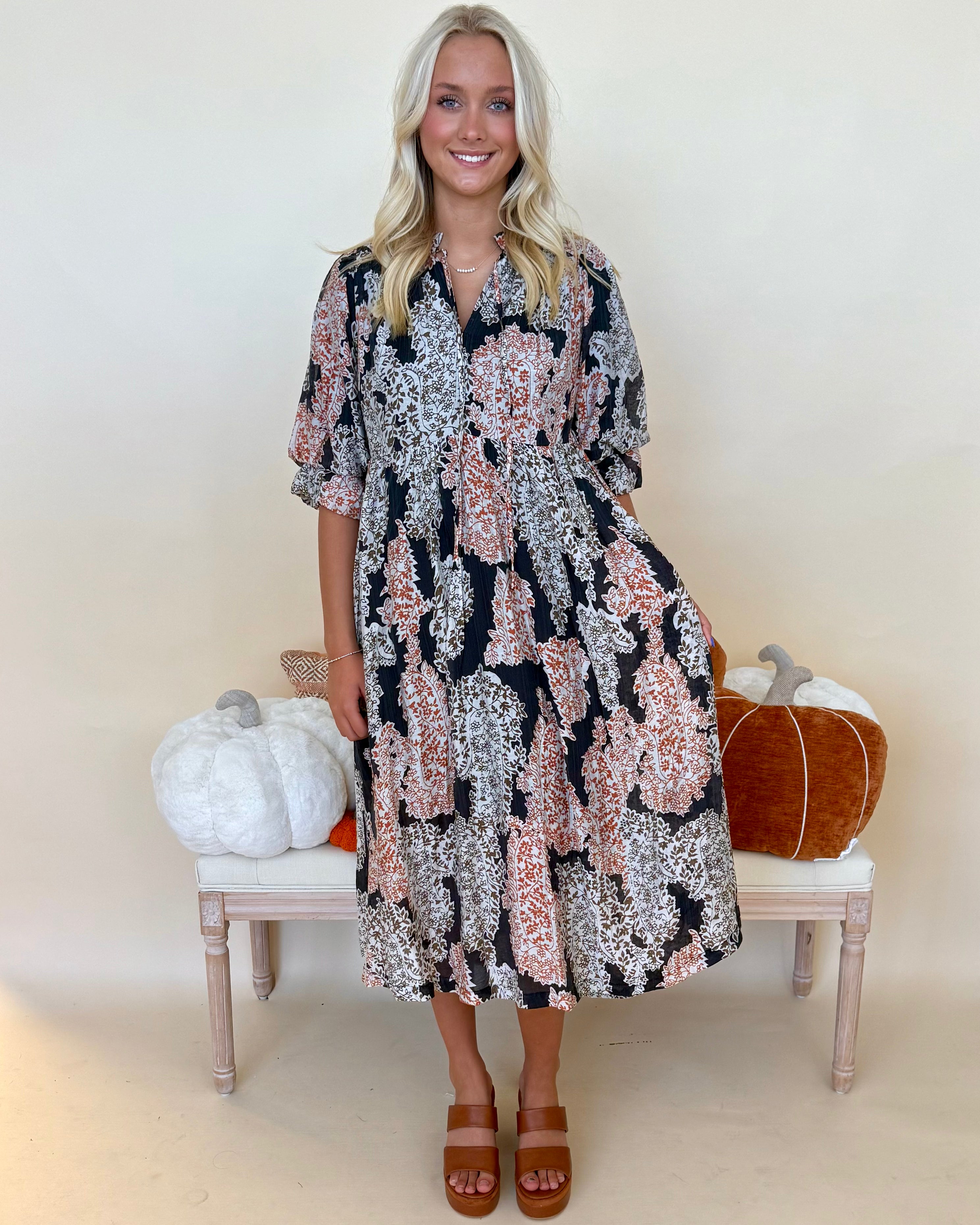 All For Joy Black Print Tie Midi Dress-Shop-Womens-Boutique-Clothing