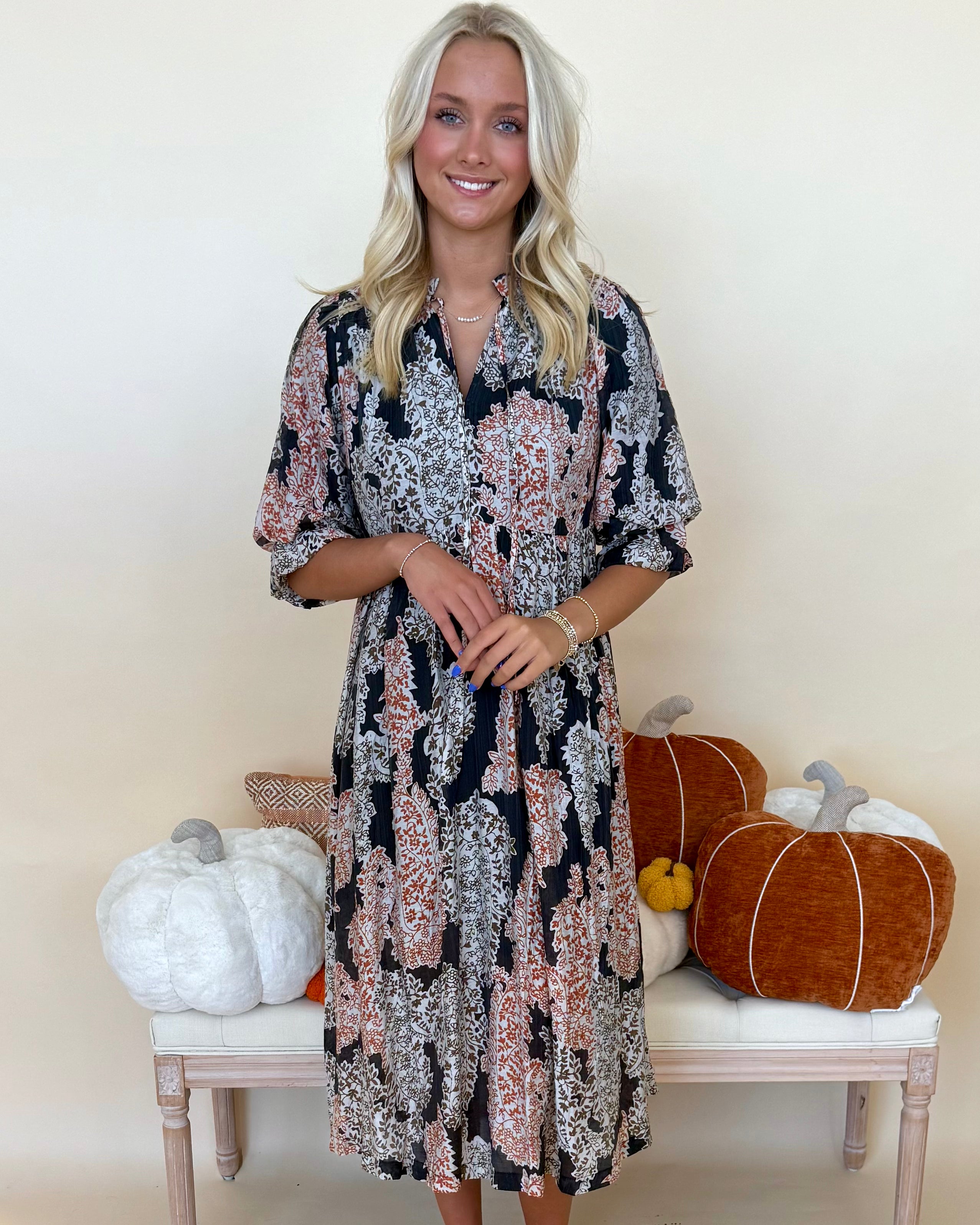 All For Joy Black Print Tie Midi Dress-Shop-Womens-Boutique-Clothing