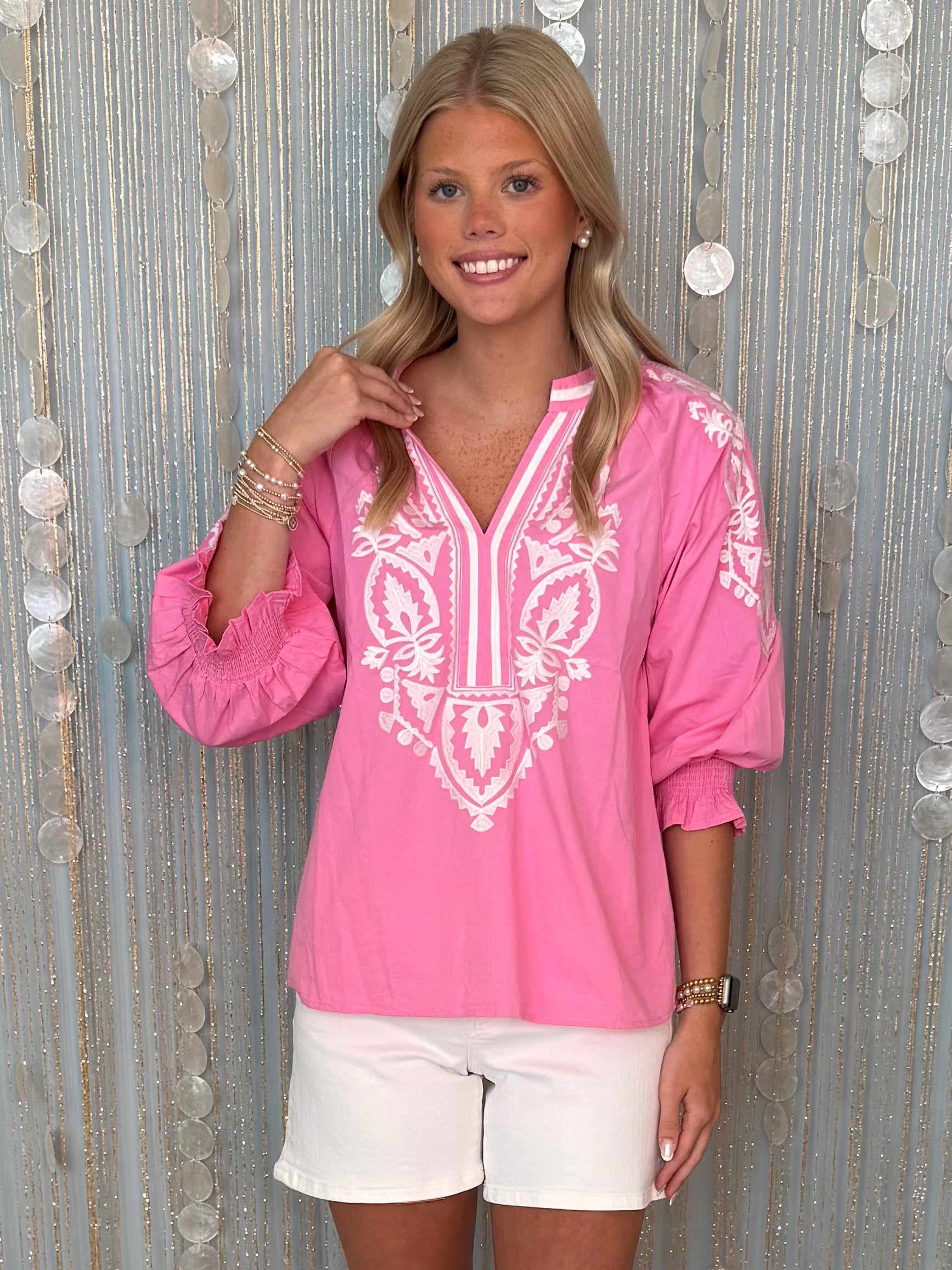 Couldn't Resist Bubble Gum Front Applique 3/4 Sleeve Top-Shop-Womens-Boutique-Clothing