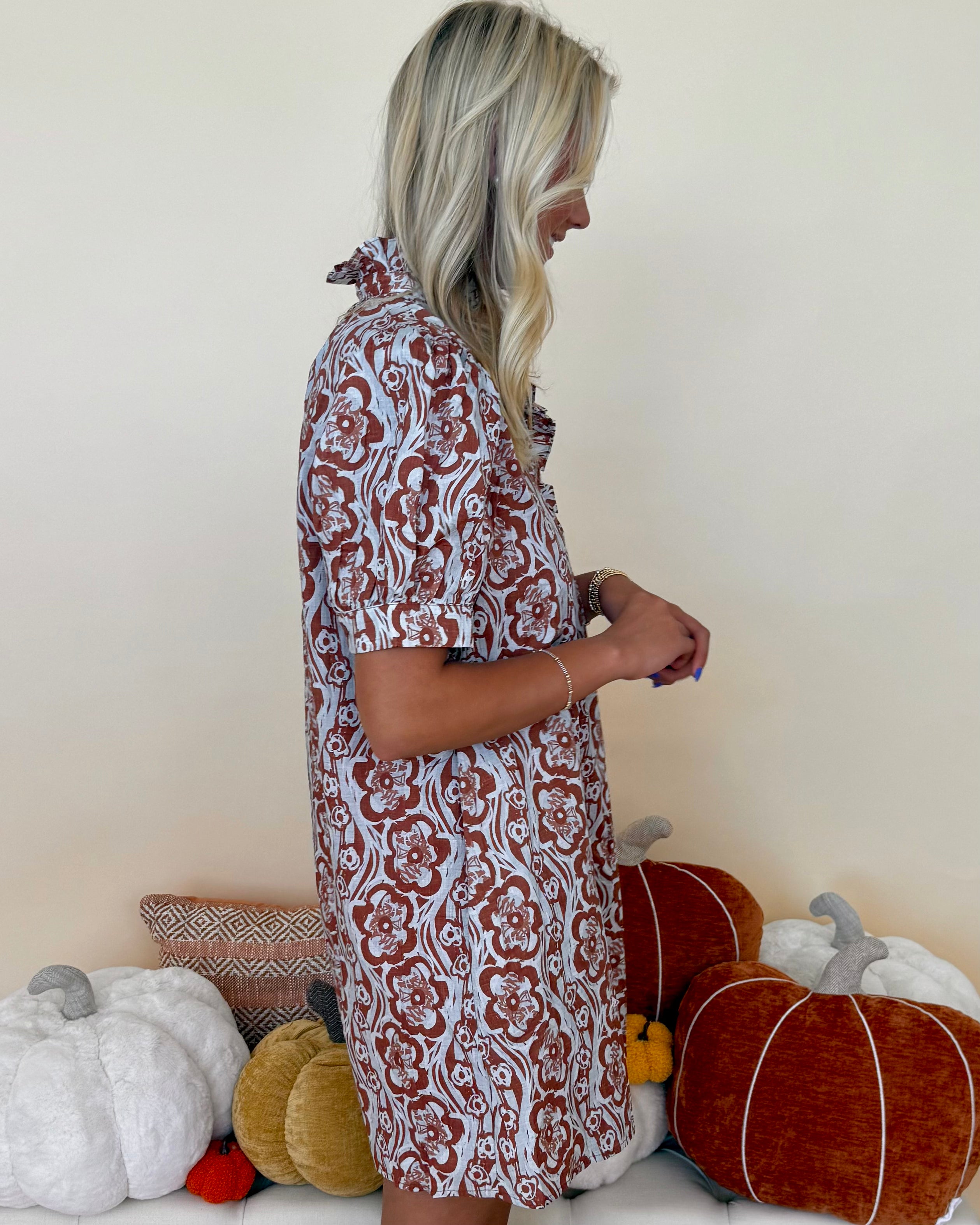 Ever So Camel Floral Ruffle Neck Dress-Shop-Womens-Boutique-Clothing