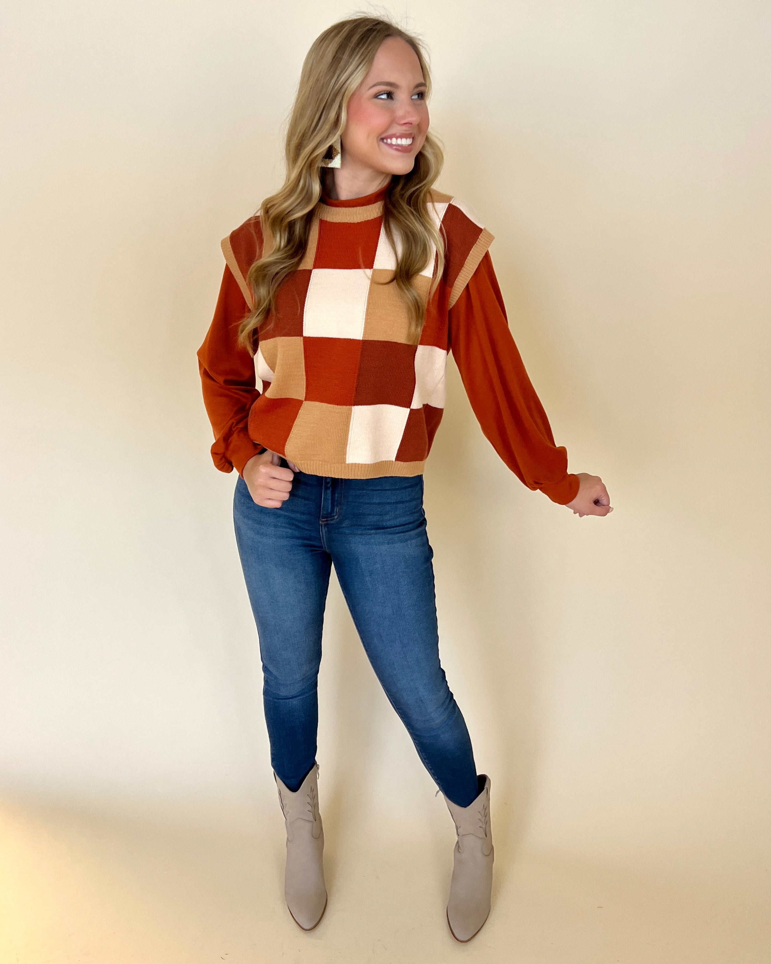 Looking For You Brown Multi Checkered Sweater-Shop-Womens-Boutique-Clothing