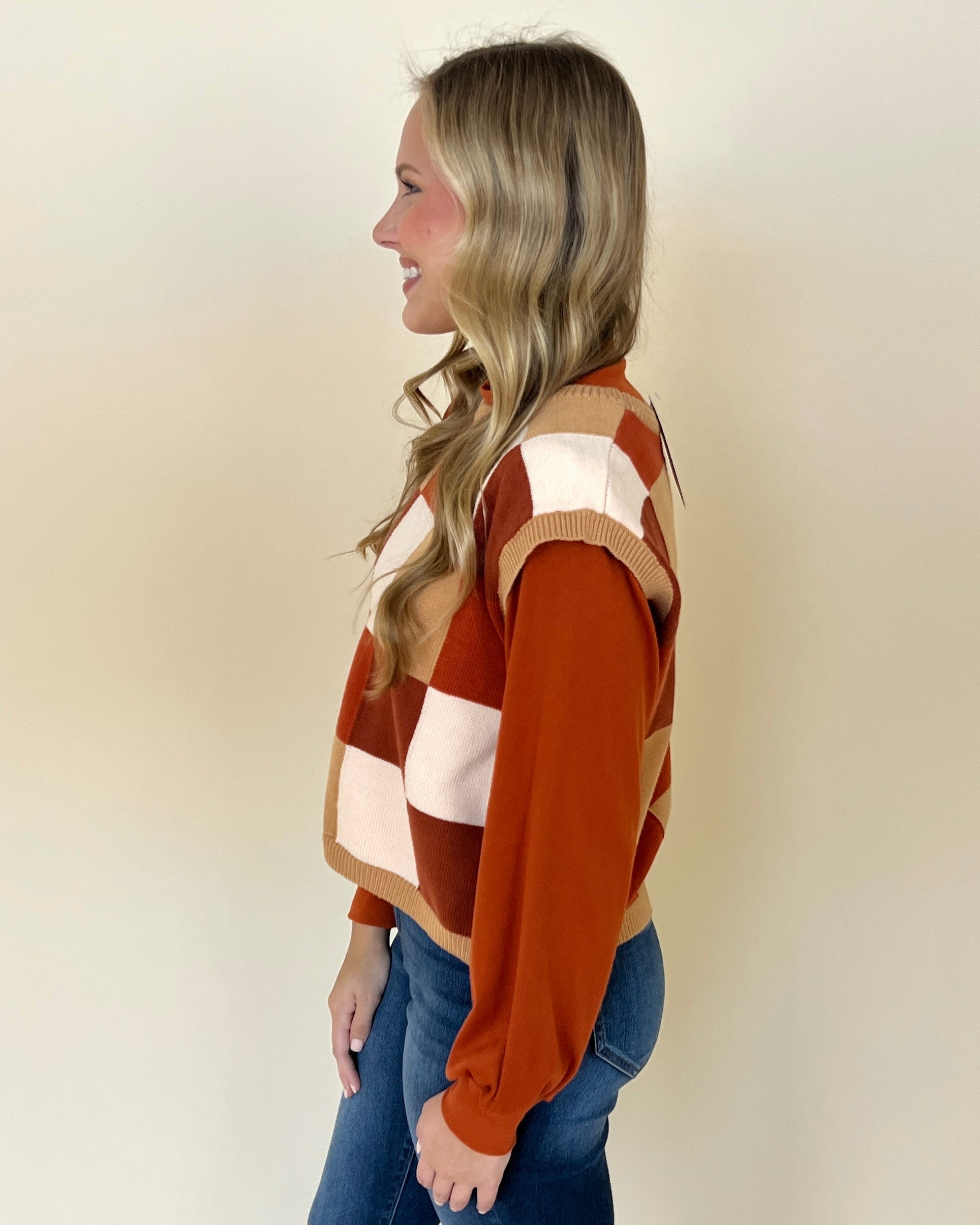 Looking For You Brown Multi Checkered Sweater-Shop-Womens-Boutique-Clothing