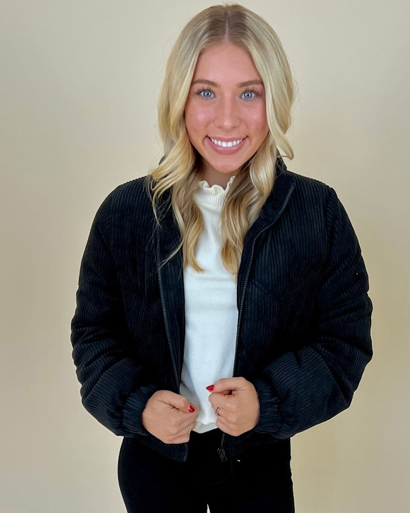 Not A Doubt Black Ribbed Puffer Coat-Shop-Womens-Boutique-Clothing