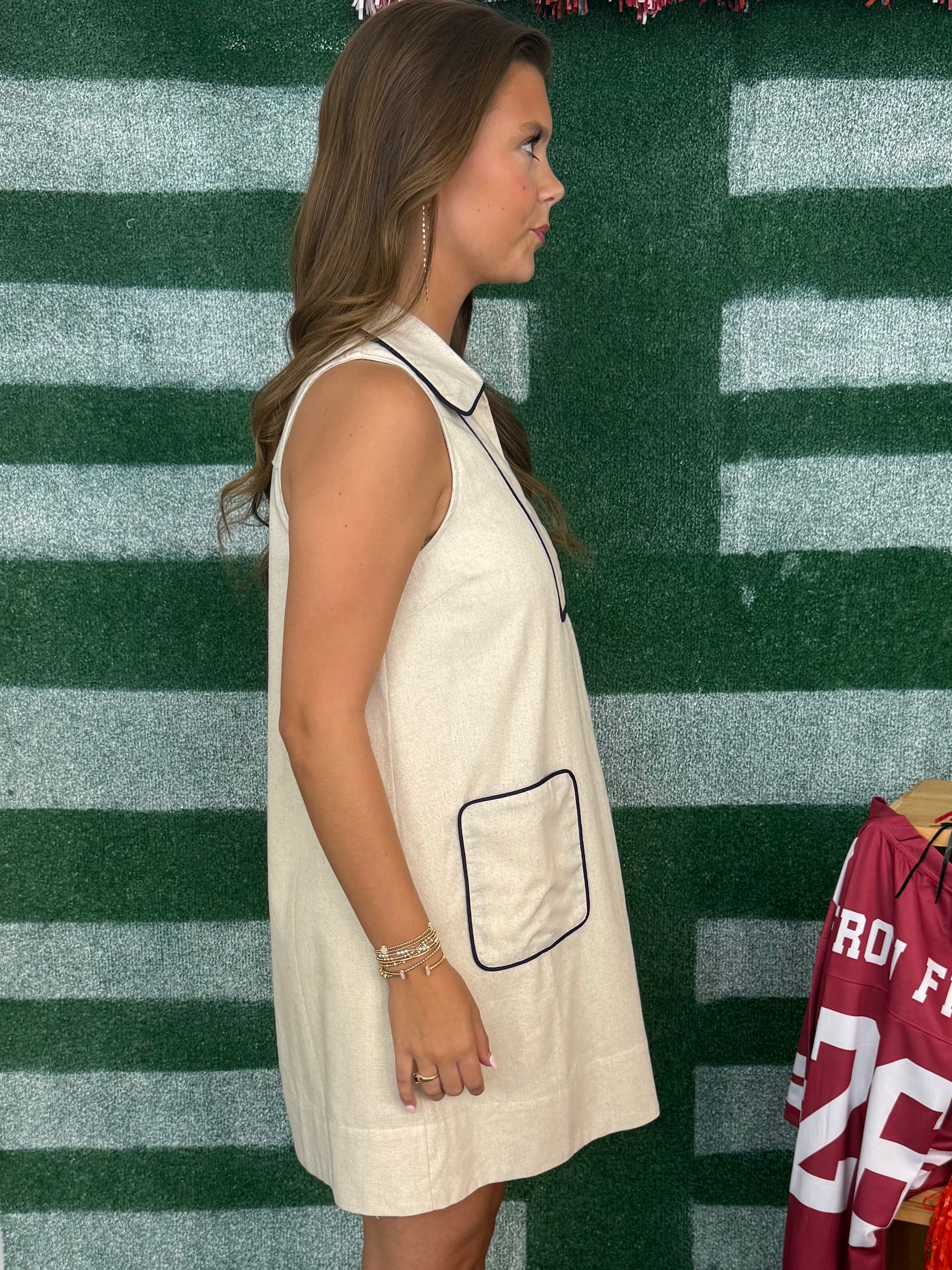 Kickoff Social Oatmeal Sleeveless Piping Dress-Shop-Womens-Boutique-Clothing