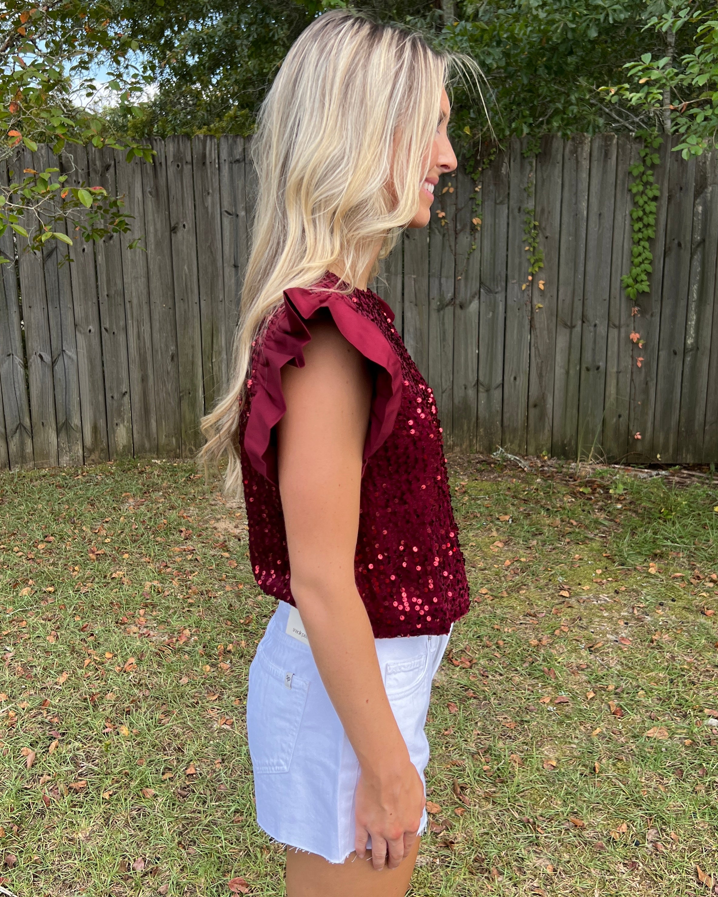 My Time To Shine Crimson Sequin Ruffle Sleeve Top-Shop-Womens-Boutique-Clothing