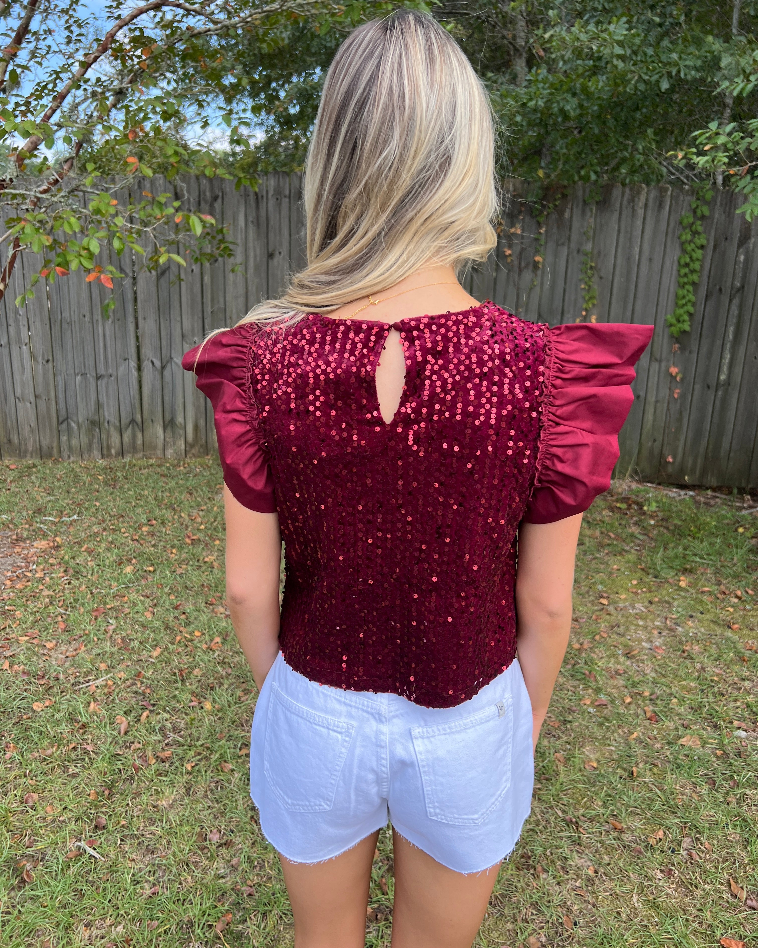 My Time To Shine Crimson Sequin Ruffle Sleeve Top-Shop-Womens-Boutique-Clothing