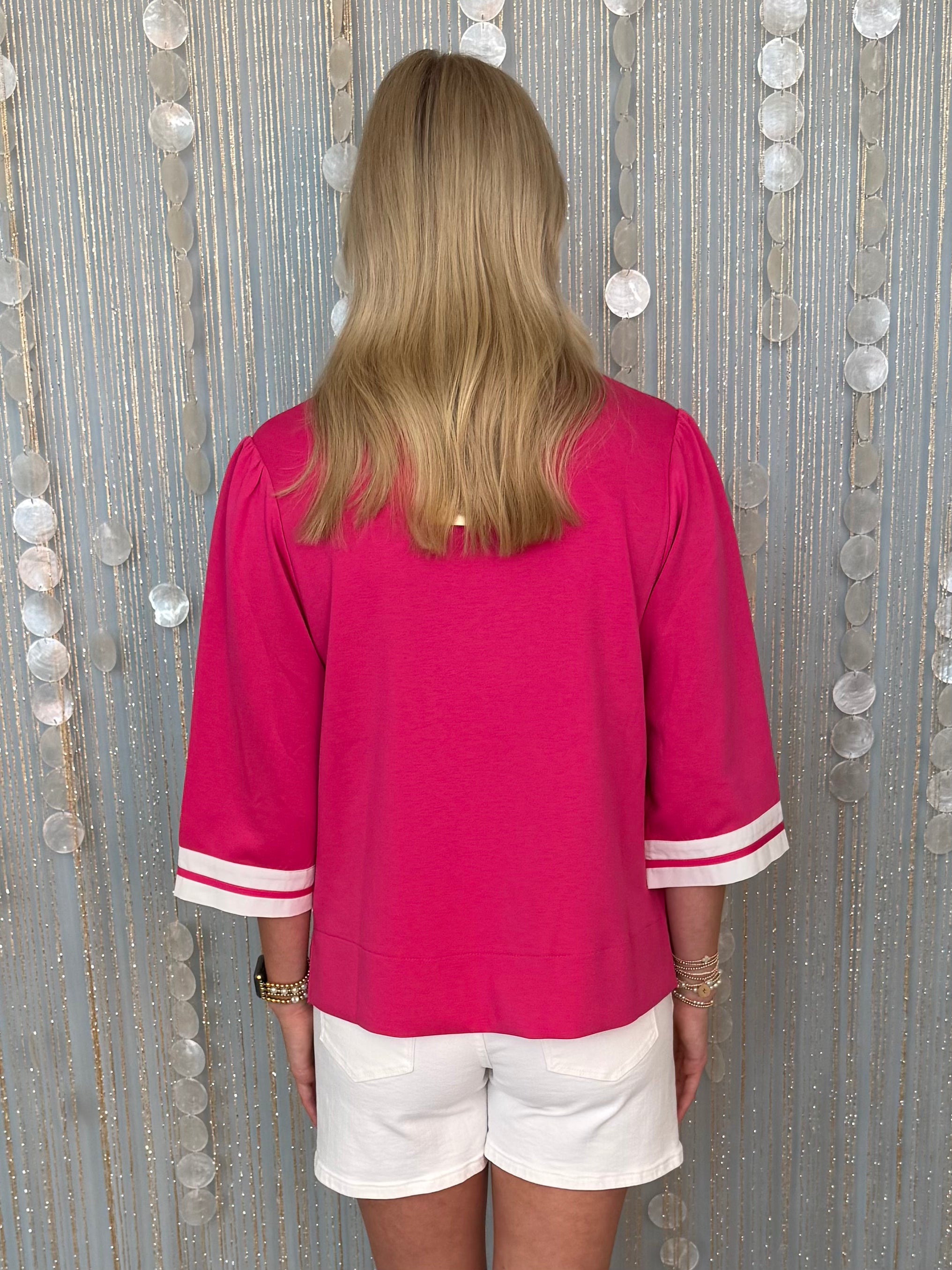 Classic Choice Fuchsia 3/4 Sleeve Contrast Trim Top-Shop-Womens-Boutique-Clothing