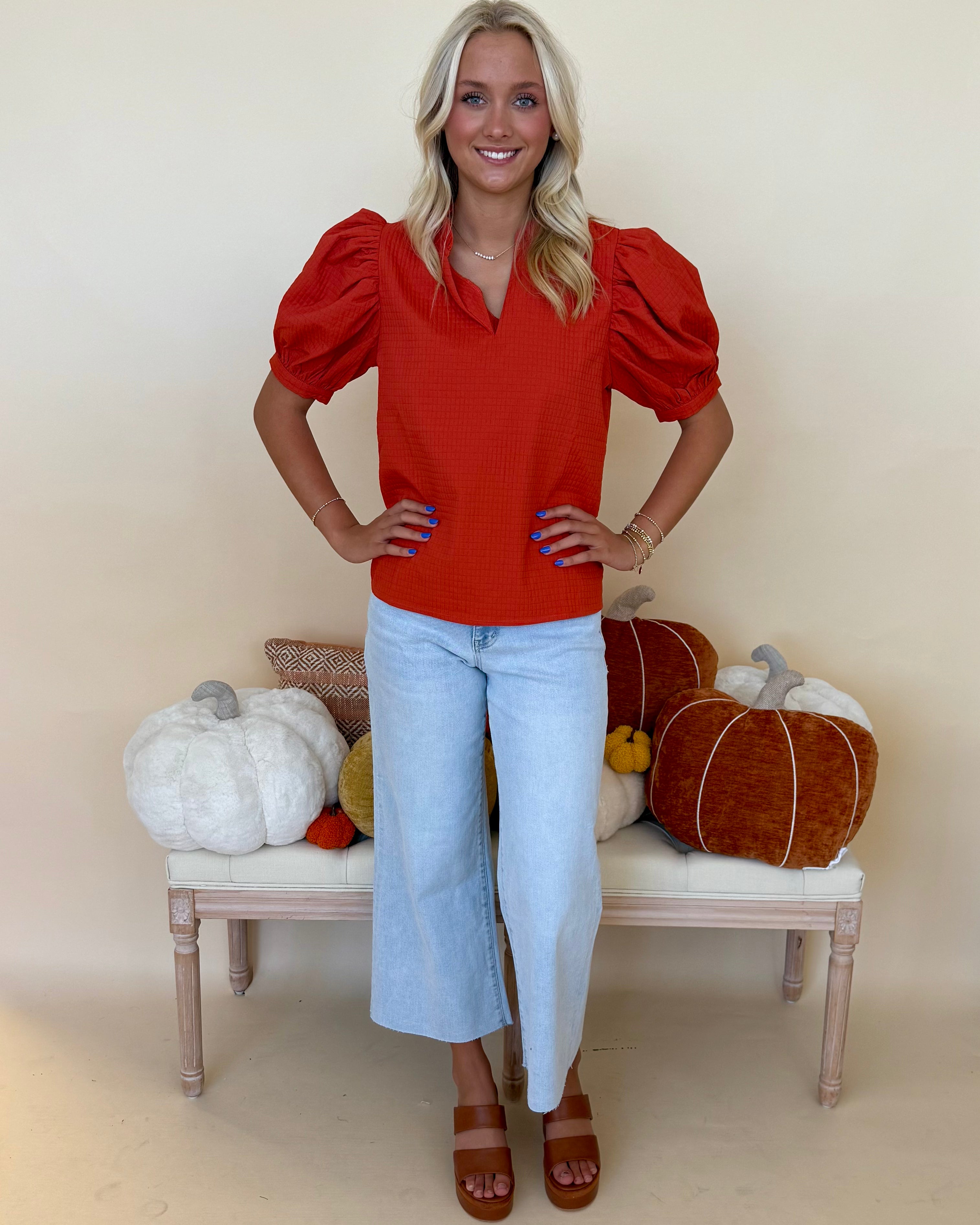 The Encore Rust Ruffle V-Neck Top-Shop-Womens-Boutique-Clothing