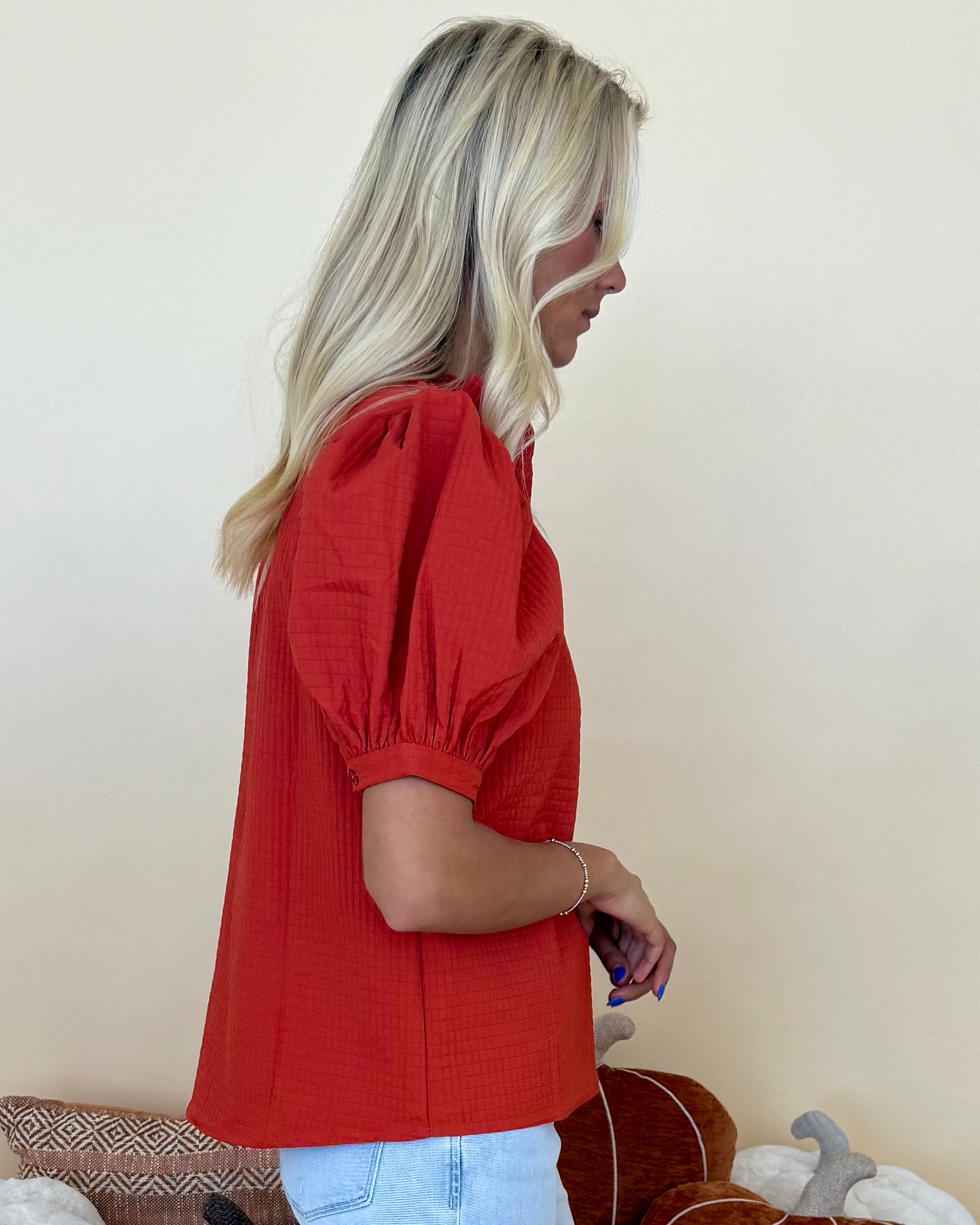 The Encore Rust Ruffle V-Neck Top-Shop-Womens-Boutique-Clothing