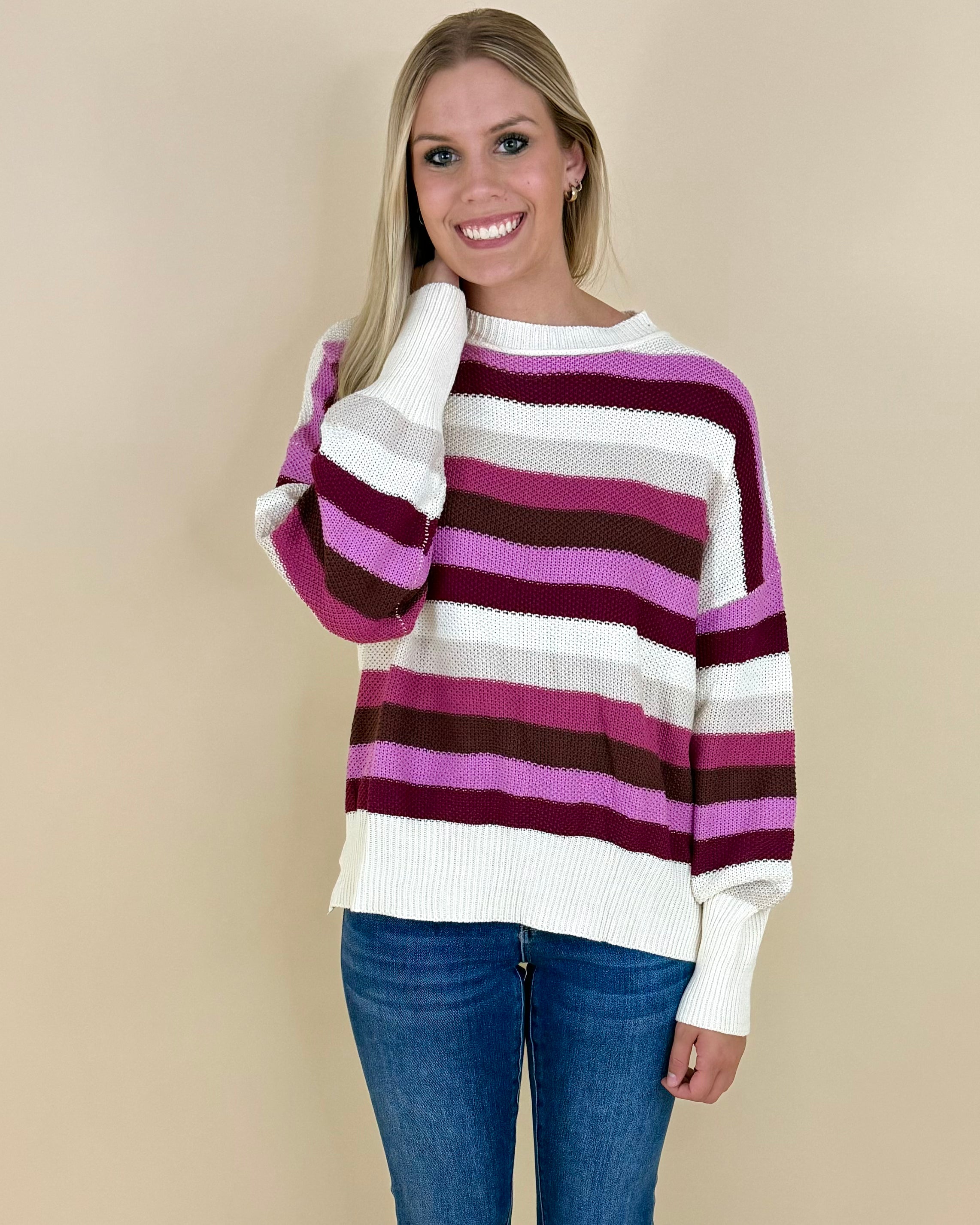 Makes Sense Mauve Mix Striped Sweater-Shop-Womens-Boutique-Clothing