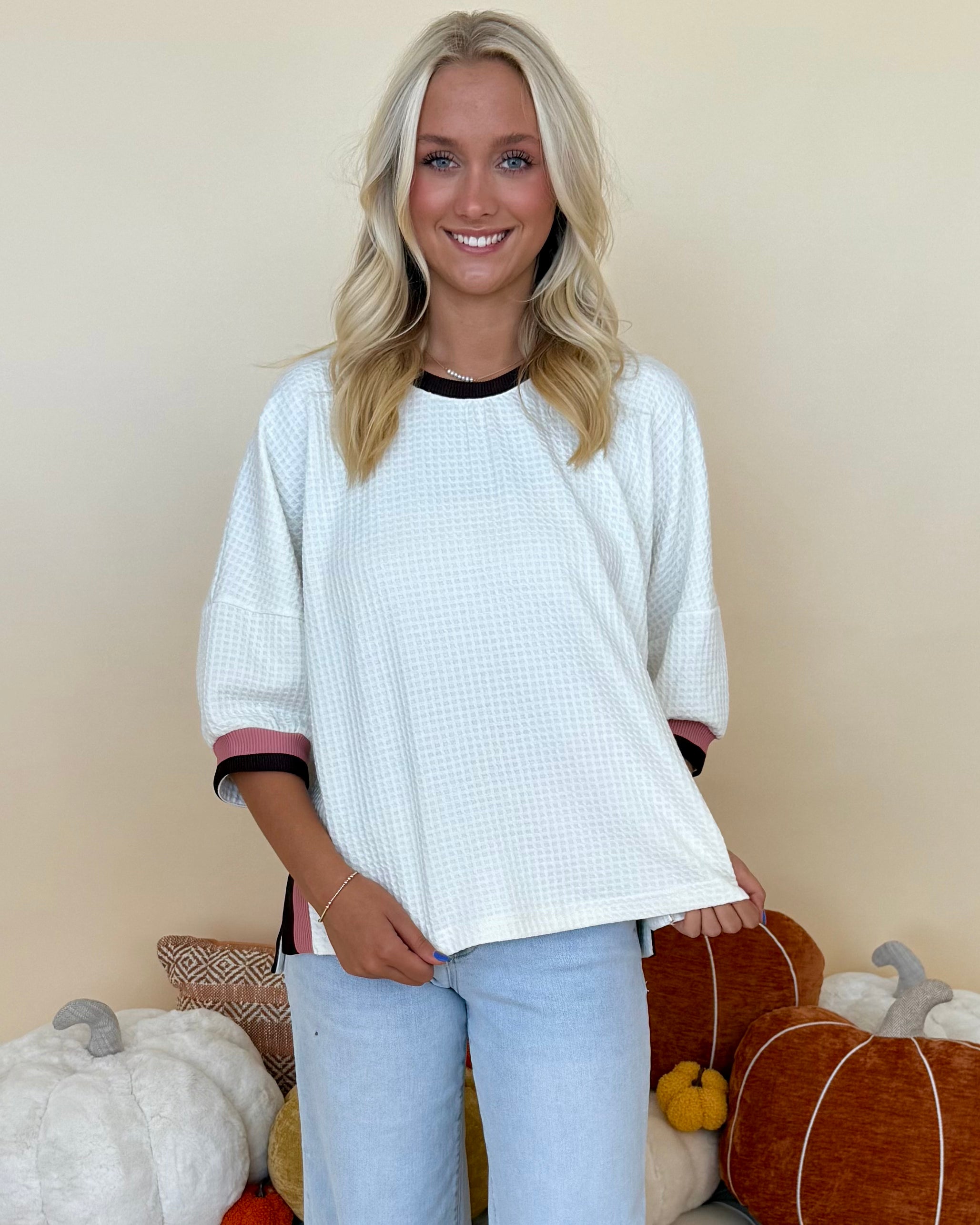 Easy To Style Ecru Waffle Knit Top-Shop-Womens-Boutique-Clothing