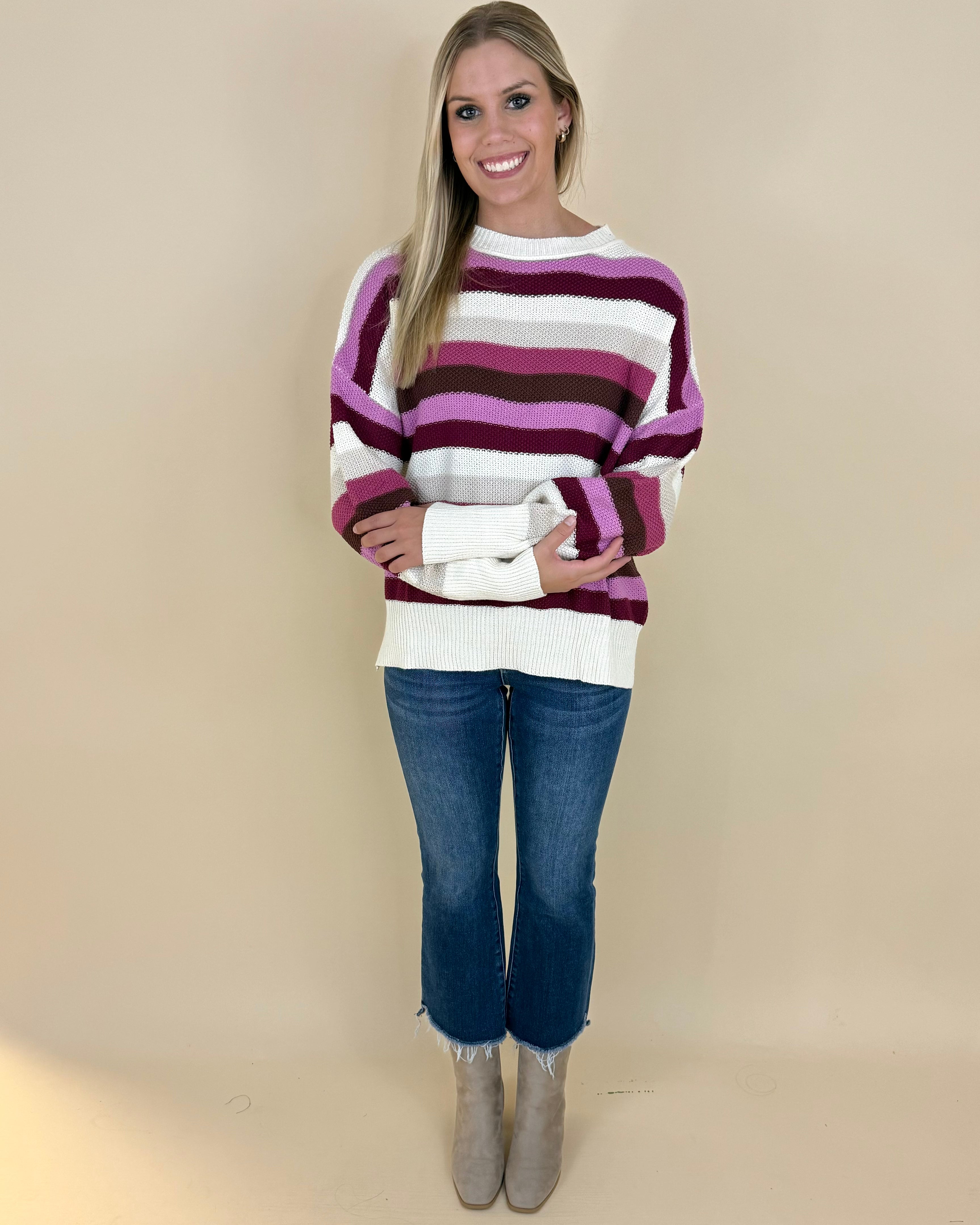 Makes Sense Mauve Mix Striped Sweater-Shop-Womens-Boutique-Clothing