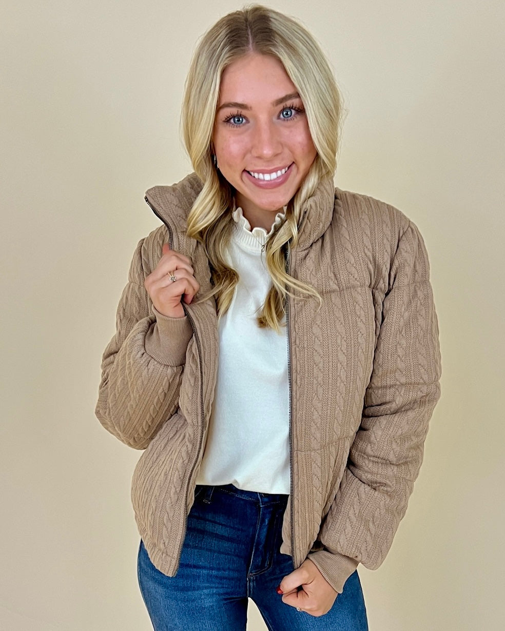 Winter Ridge Taupe Cable Knit Puffer-Shop-Womens-Boutique-Clothing