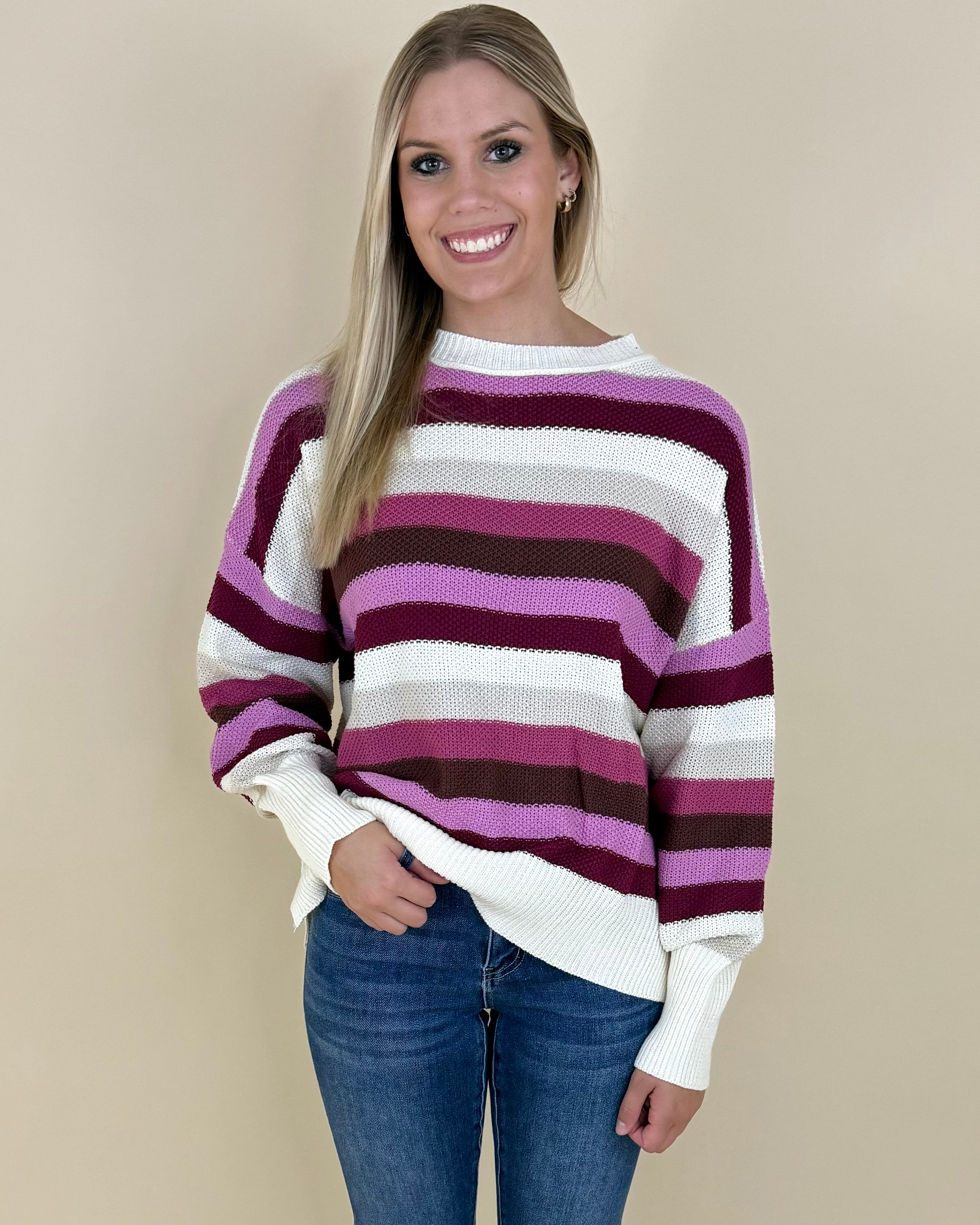 Makes Sense Mauve Mix Striped Sweater-Shop-Womens-Boutique-Clothing