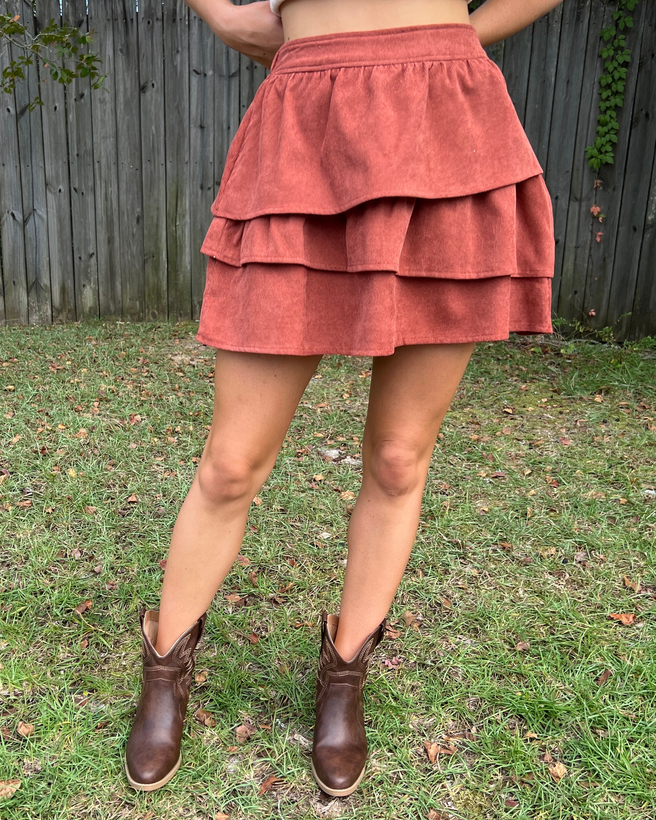 Like a Sunset Rust Corduroy Tier Skirt-Shop-Womens-Boutique-Clothing