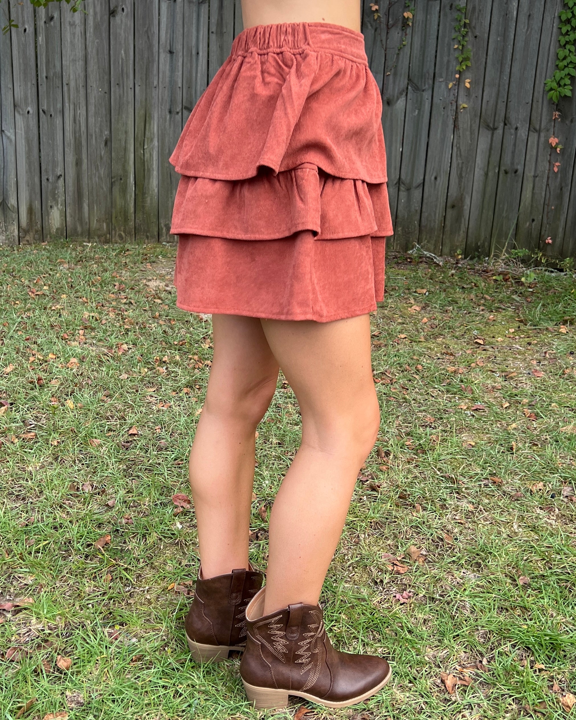 Like a Sunset Rust Corduroy Tier Skirt-Shop-Womens-Boutique-Clothing