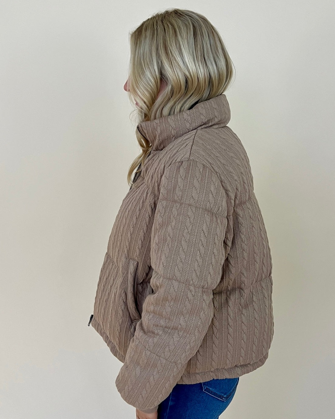 Winter Ridge Taupe Cable Knit Puffer-Shop-Womens-Boutique-Clothing