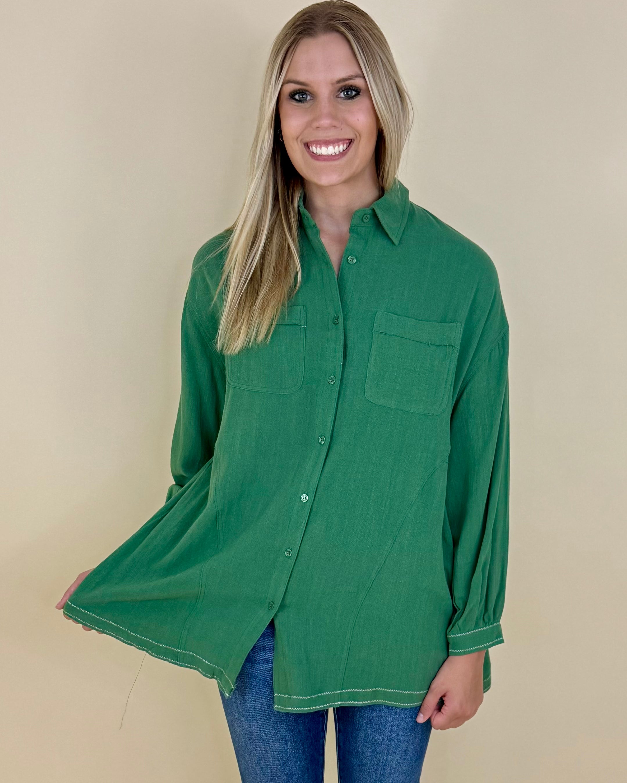 Crowd Pleaser Green Linen Top-Shop-Womens-Boutique-Clothing