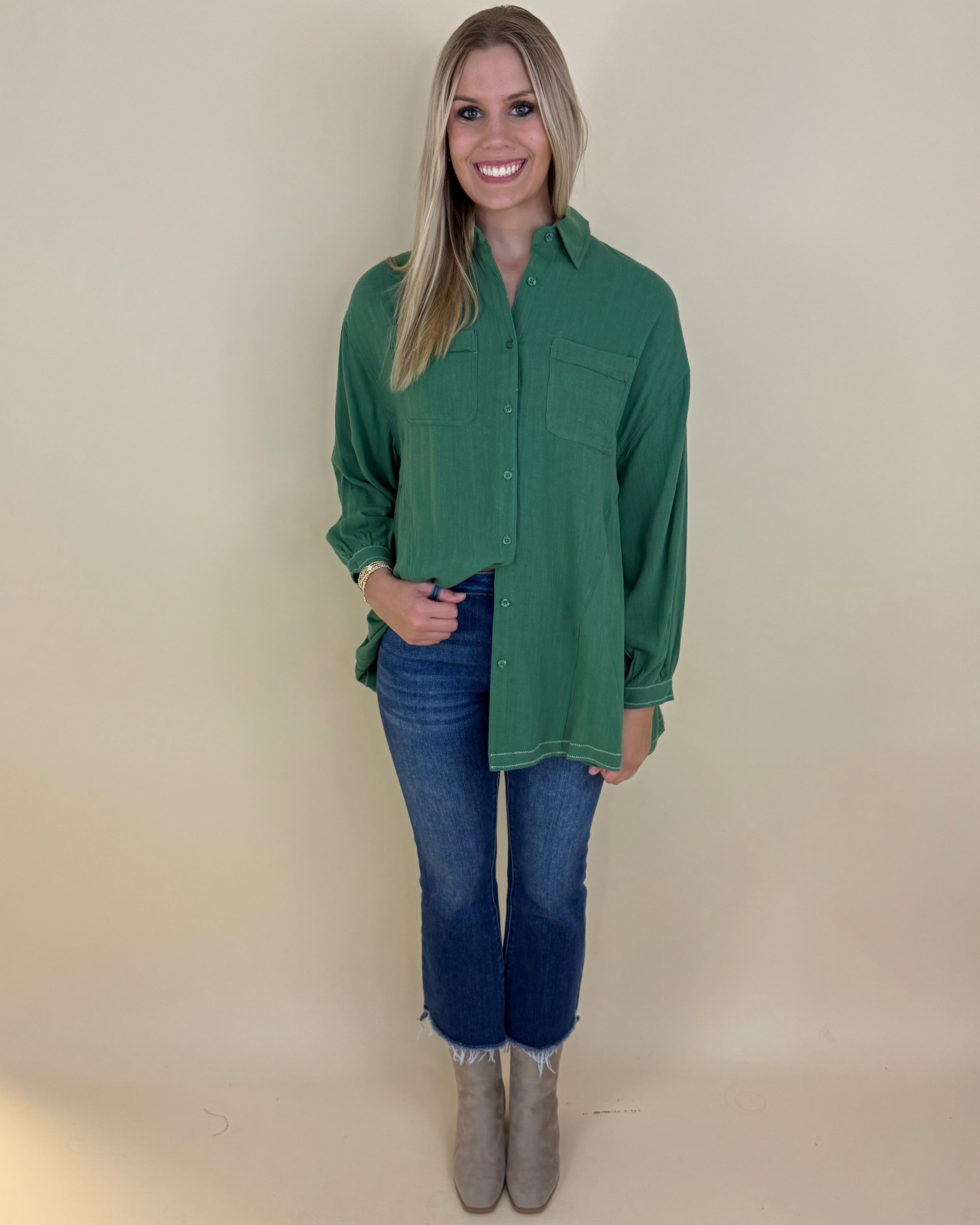 Crowd Pleaser Green Linen Top-Shop-Womens-Boutique-Clothing