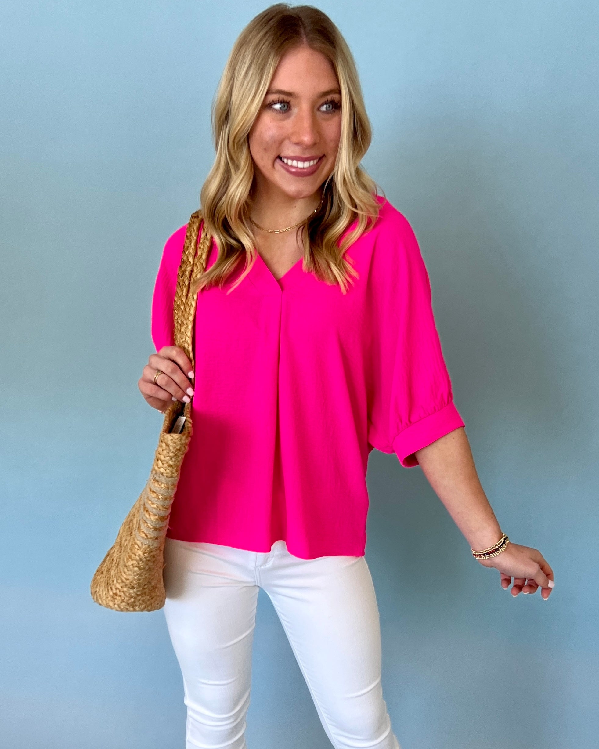New Paths Hot Pink V-neck Top-Shop-Womens-Boutique-Clothing