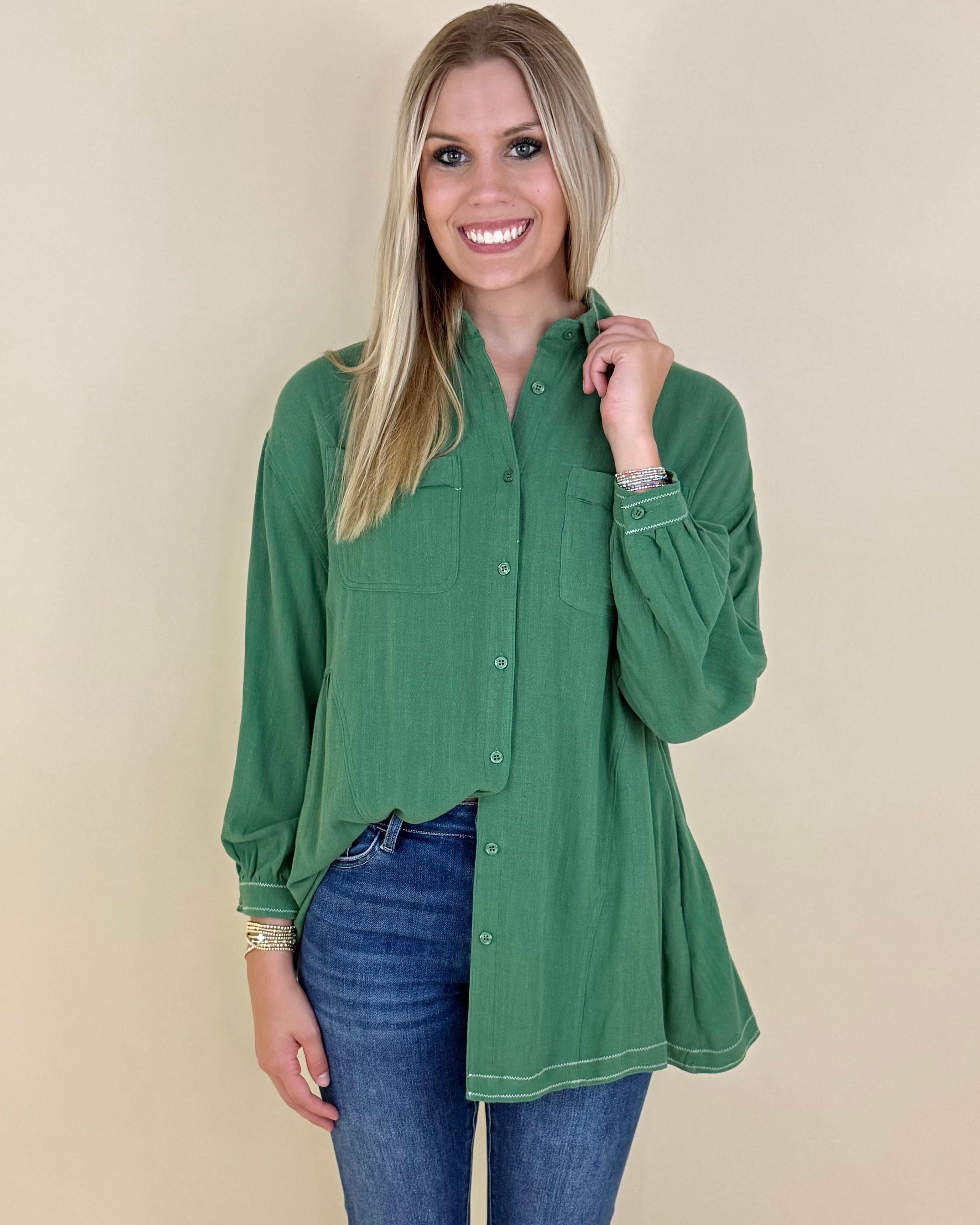 Crowd Pleaser Green Linen Top-Shop-Womens-Boutique-Clothing