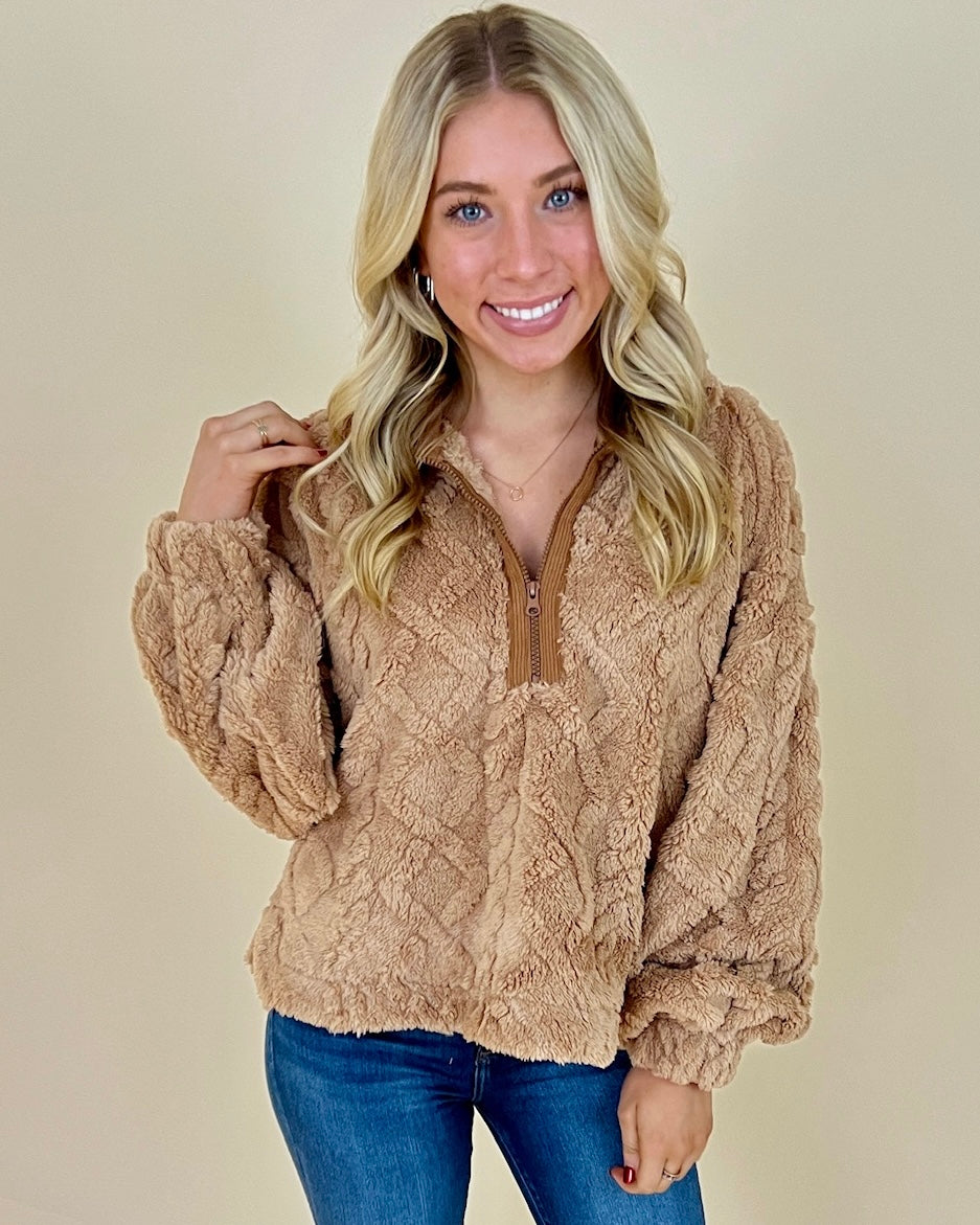 Chill Moment Camel Fuzzy Quarter Zip-Shop-Womens-Boutique-Clothing