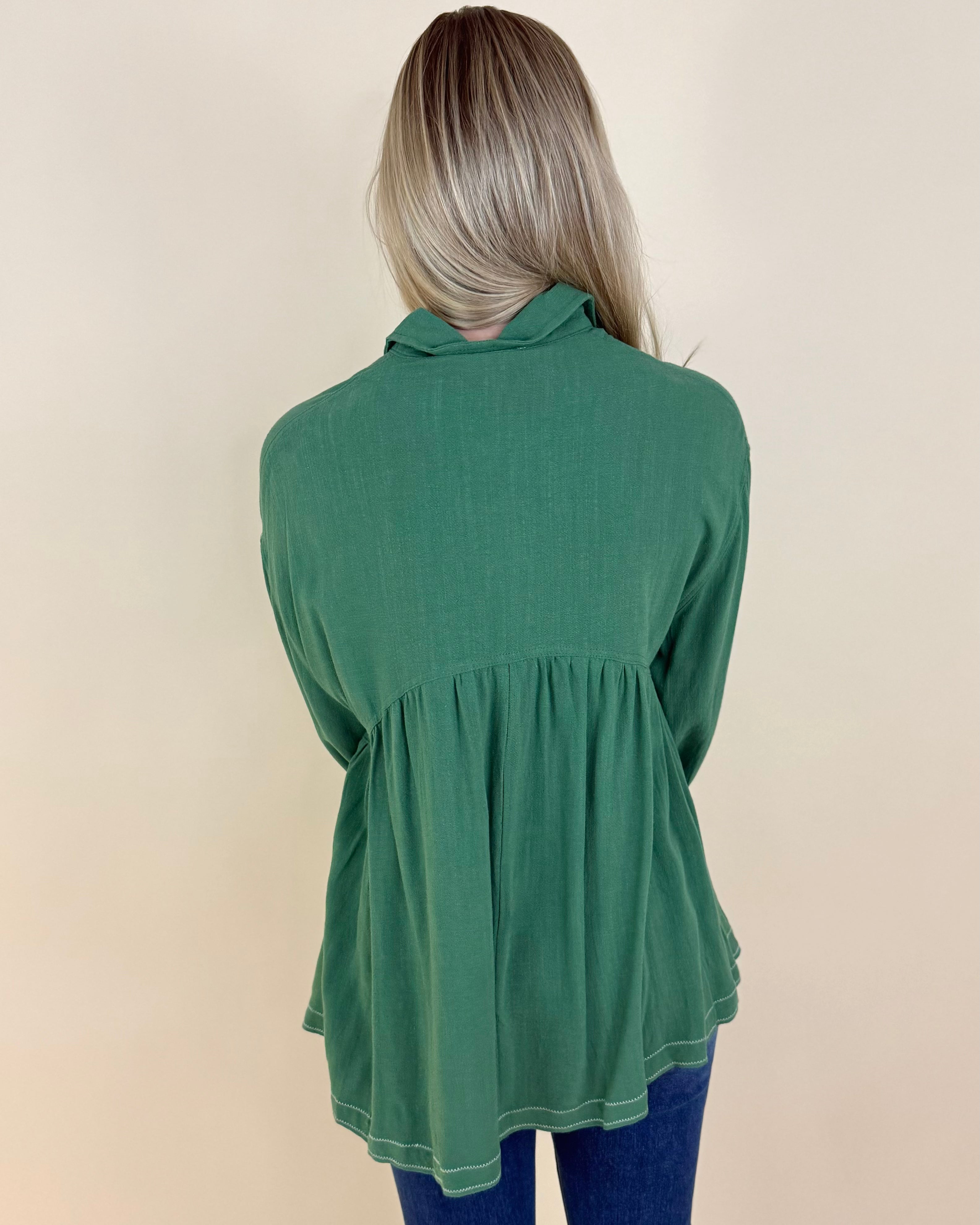 Crowd Pleaser Green Linen Top-Shop-Womens-Boutique-Clothing