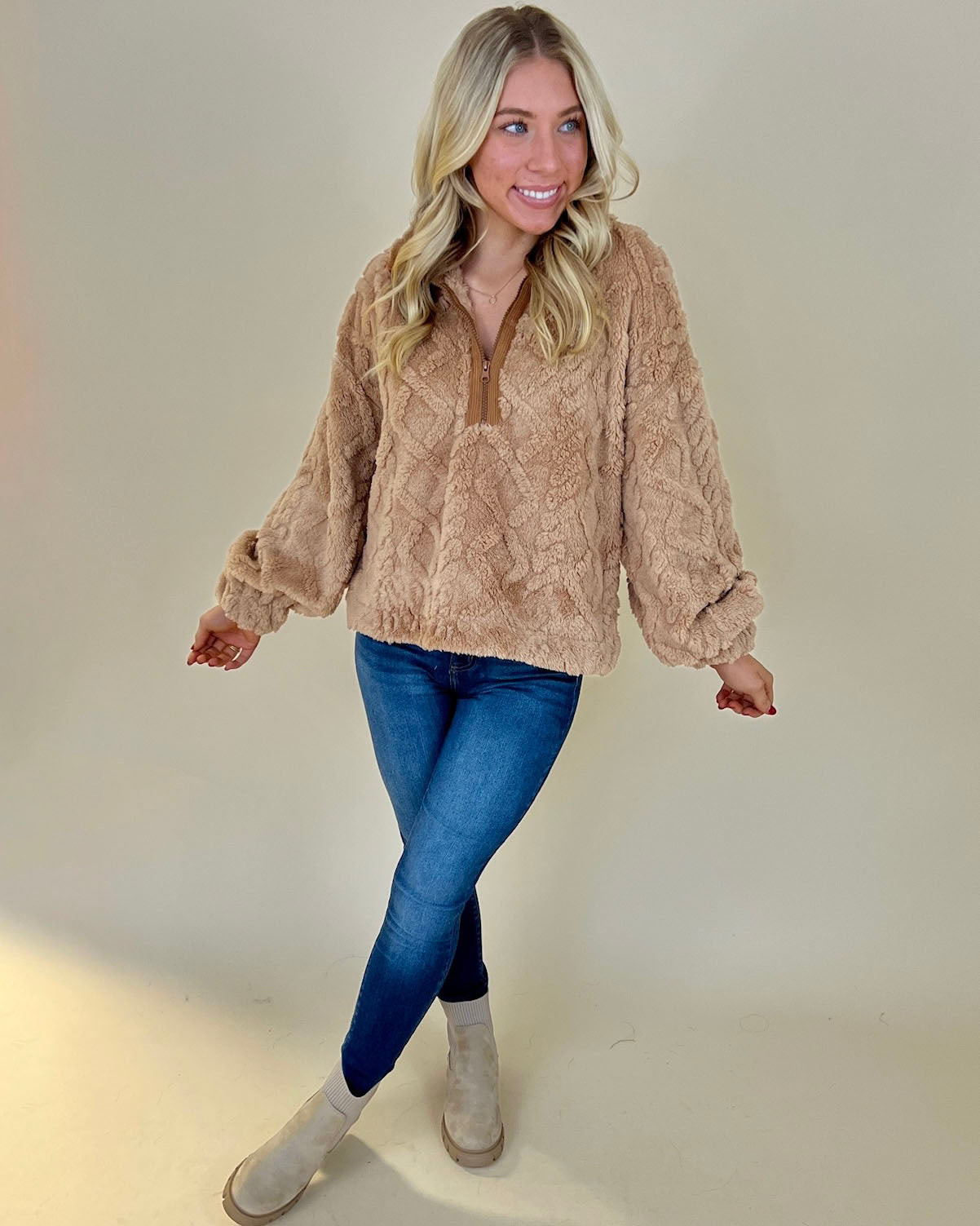 Chill Moment Camel Fuzzy Quarter Zip-Shop-Womens-Boutique-Clothing