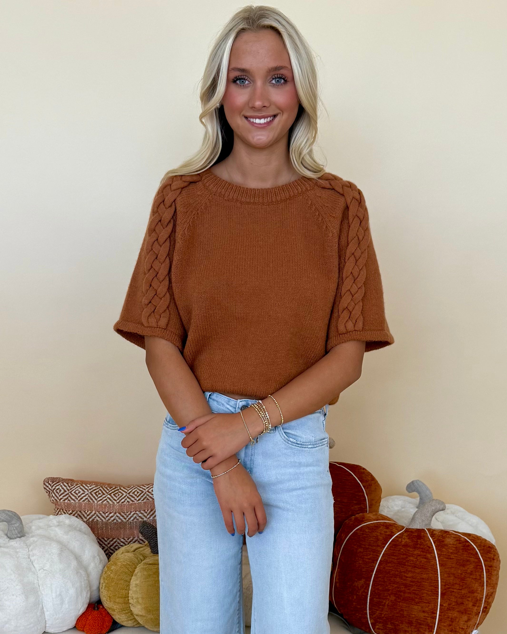 Good In You Camel Braided Sleeve Sweater-Shop-Womens-Boutique-Clothing
