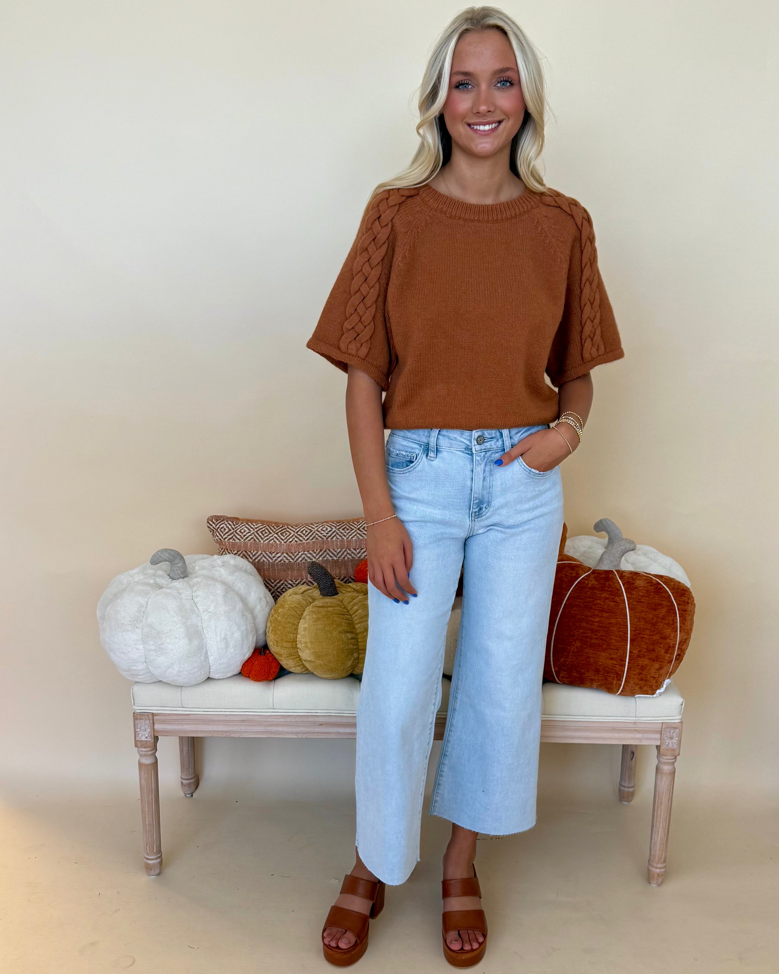Good In You Camel Braided Sleeve Sweater-Shop-Womens-Boutique-Clothing