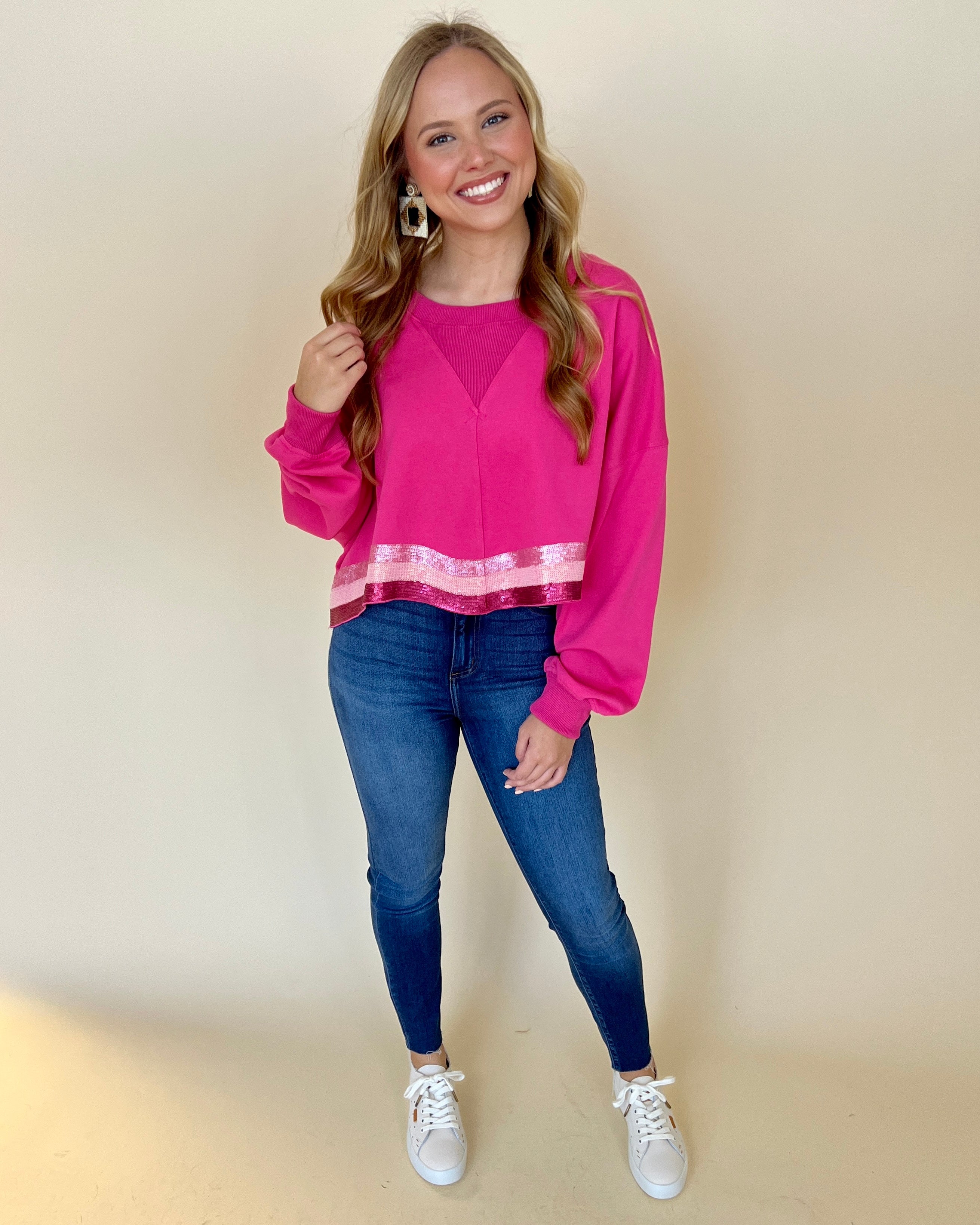 See You Sweetheart Pink Sequins Cropped Sweatshirt-Shop-Womens-Boutique-Clothing