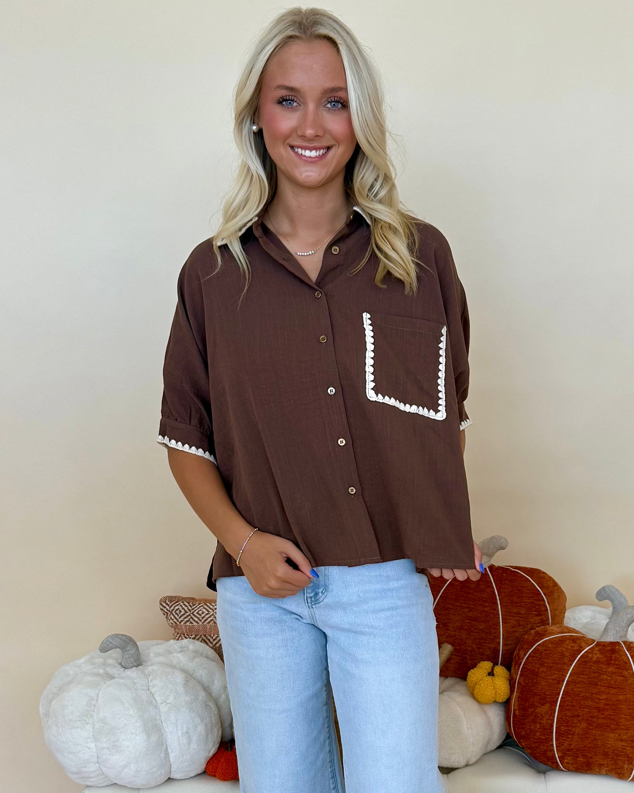 Cool Contrast Espresso Embroidered Stitch Top-Shop-Womens-Boutique-Clothing