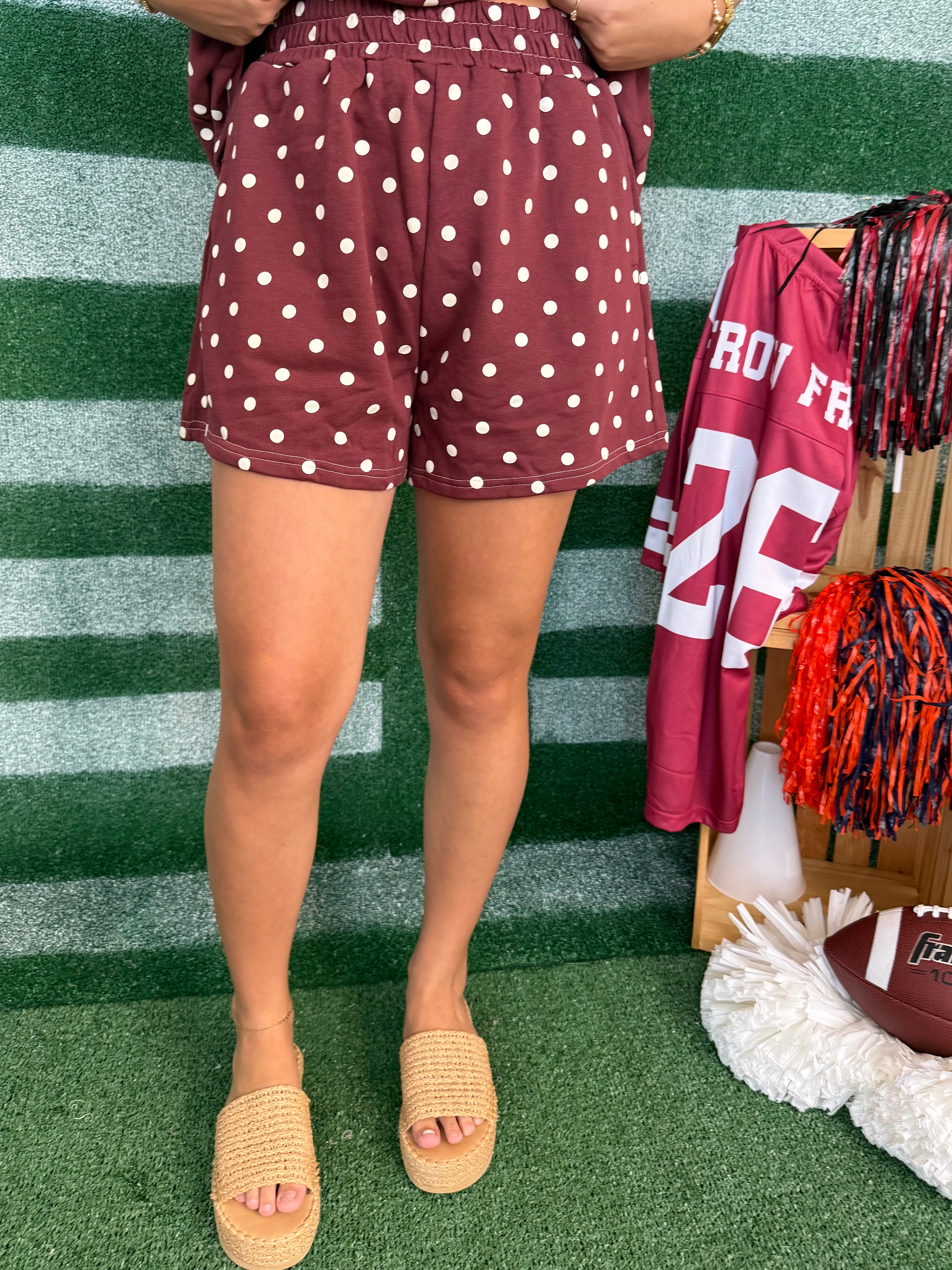 Game Day Affair Wine Polka Dot Shorts Set-Shop-Womens-Boutique-Clothing