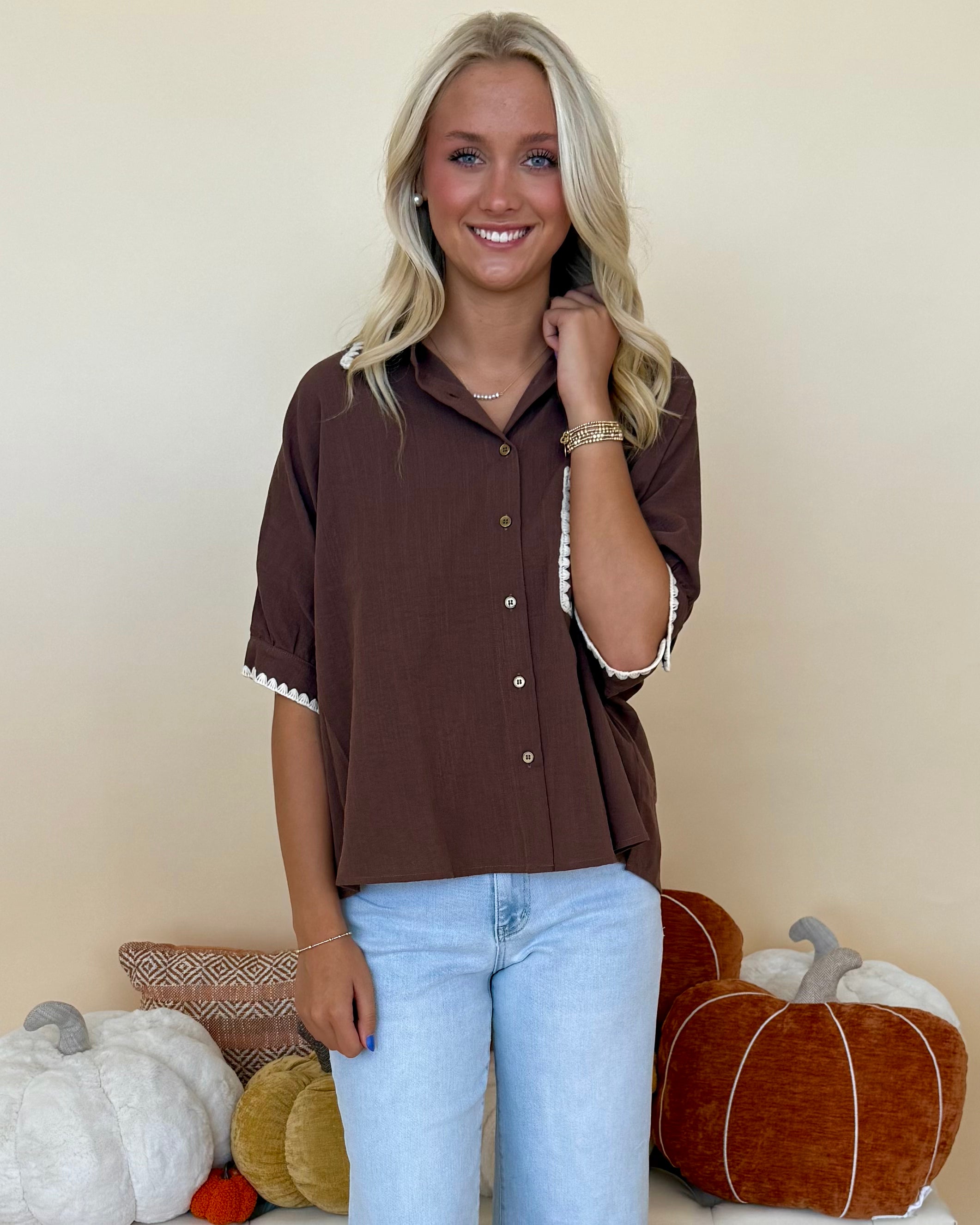 Cool Contrast Espresso Embroidered Stitch Top-Shop-Womens-Boutique-Clothing