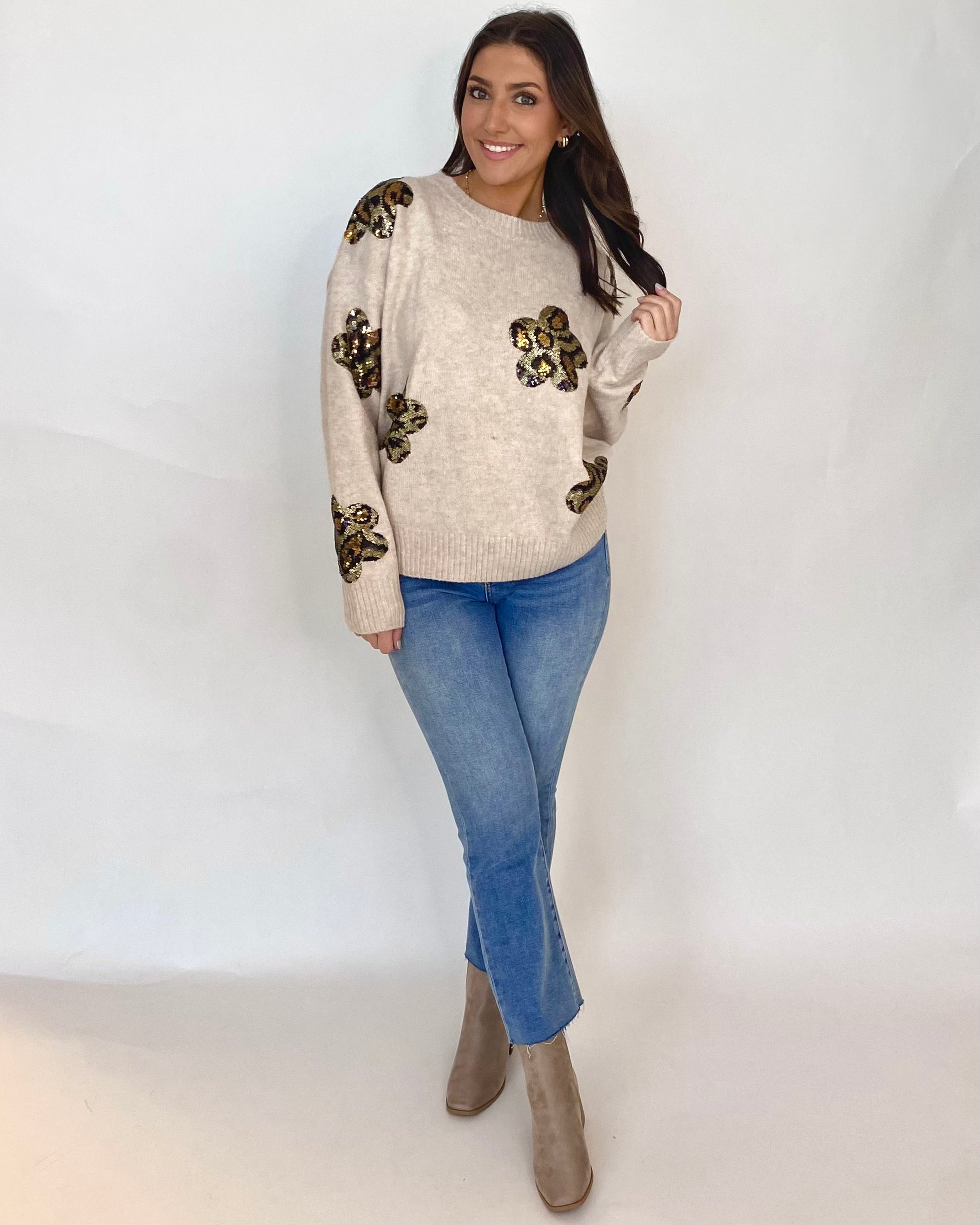 Stormy Skies Oatmeal Leopard Flower Sweater-Shop-Womens-Boutique-Clothing