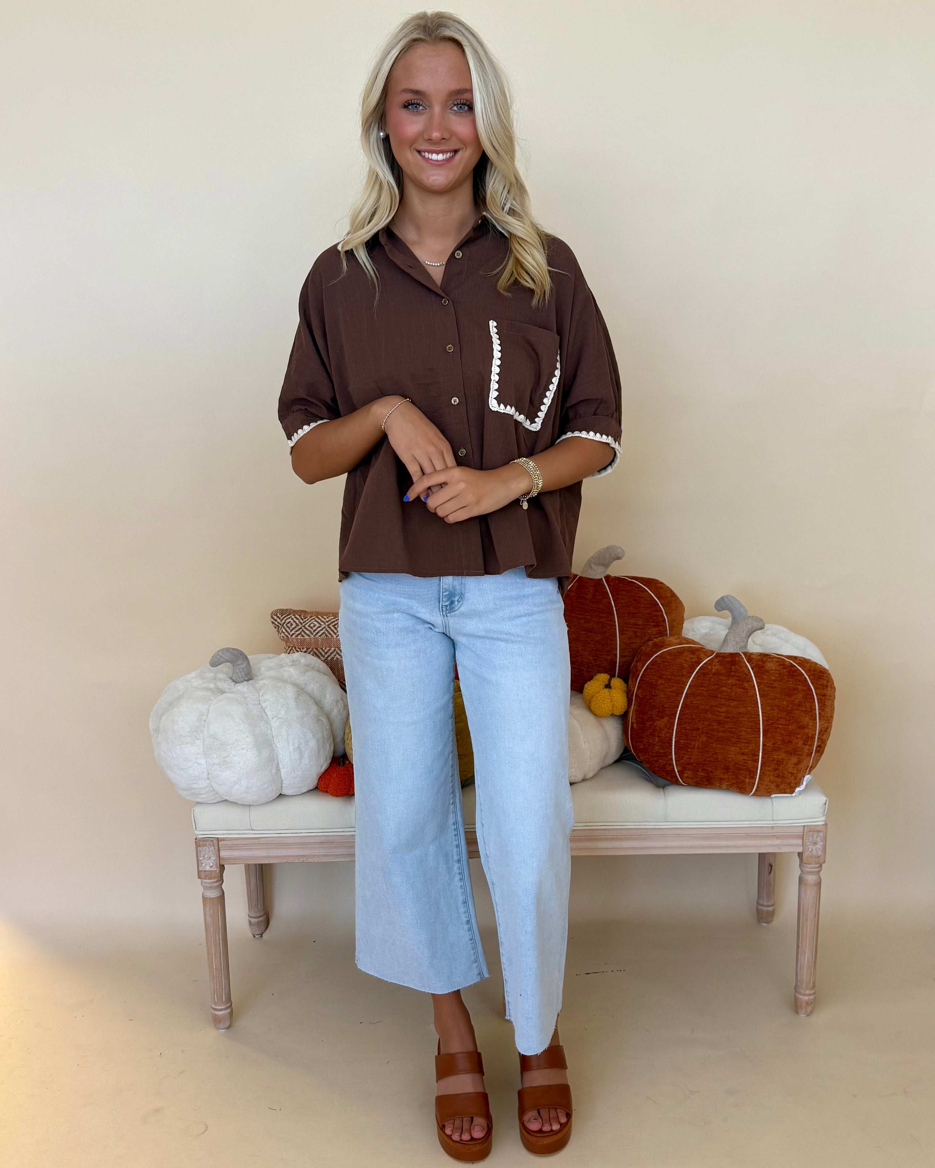 Cool Contrast Espresso Embroidered Stitch Top-Shop-Womens-Boutique-Clothing