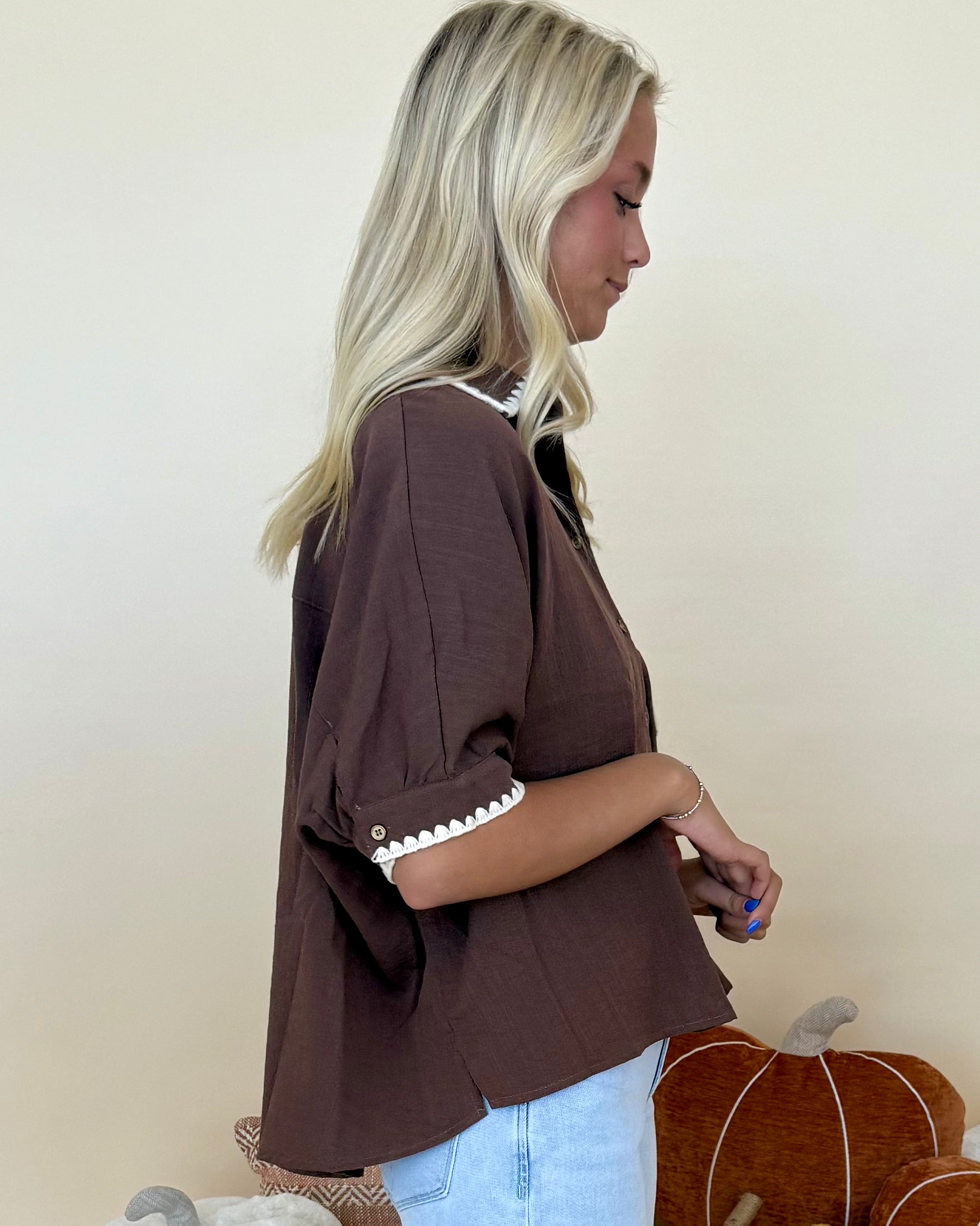 Cool Contrast Espresso Embroidered Stitch Top-Shop-Womens-Boutique-Clothing