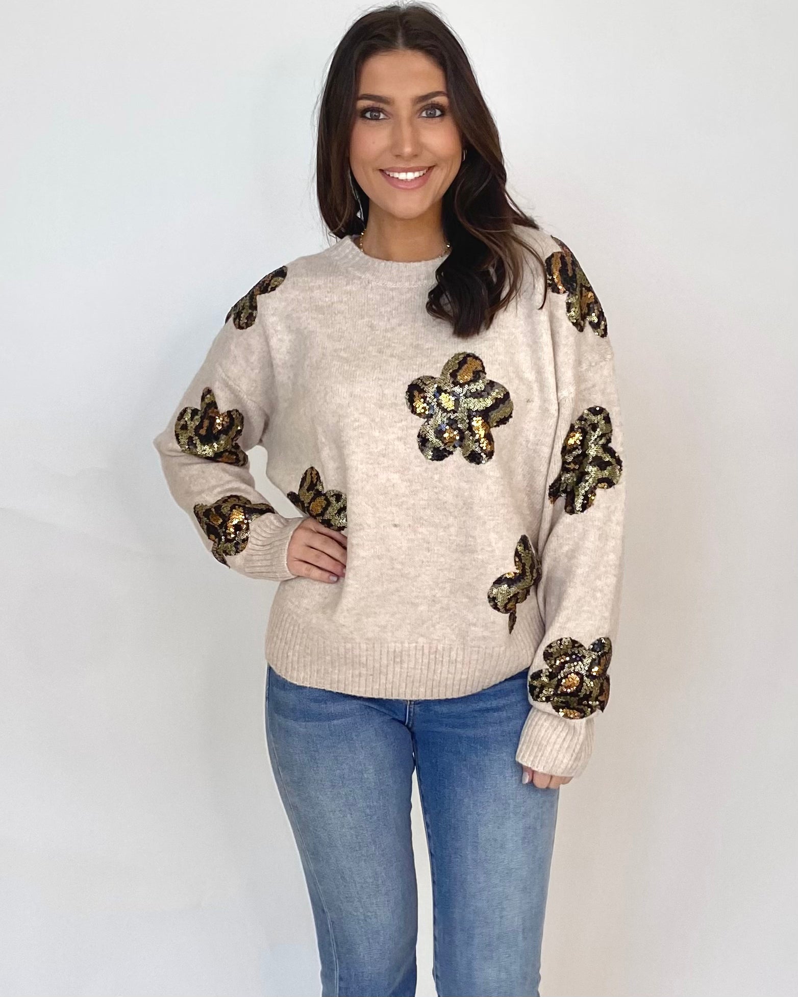 Stormy Skies Oatmeal Leopard Flower Sweater-Shop-Womens-Boutique-Clothing