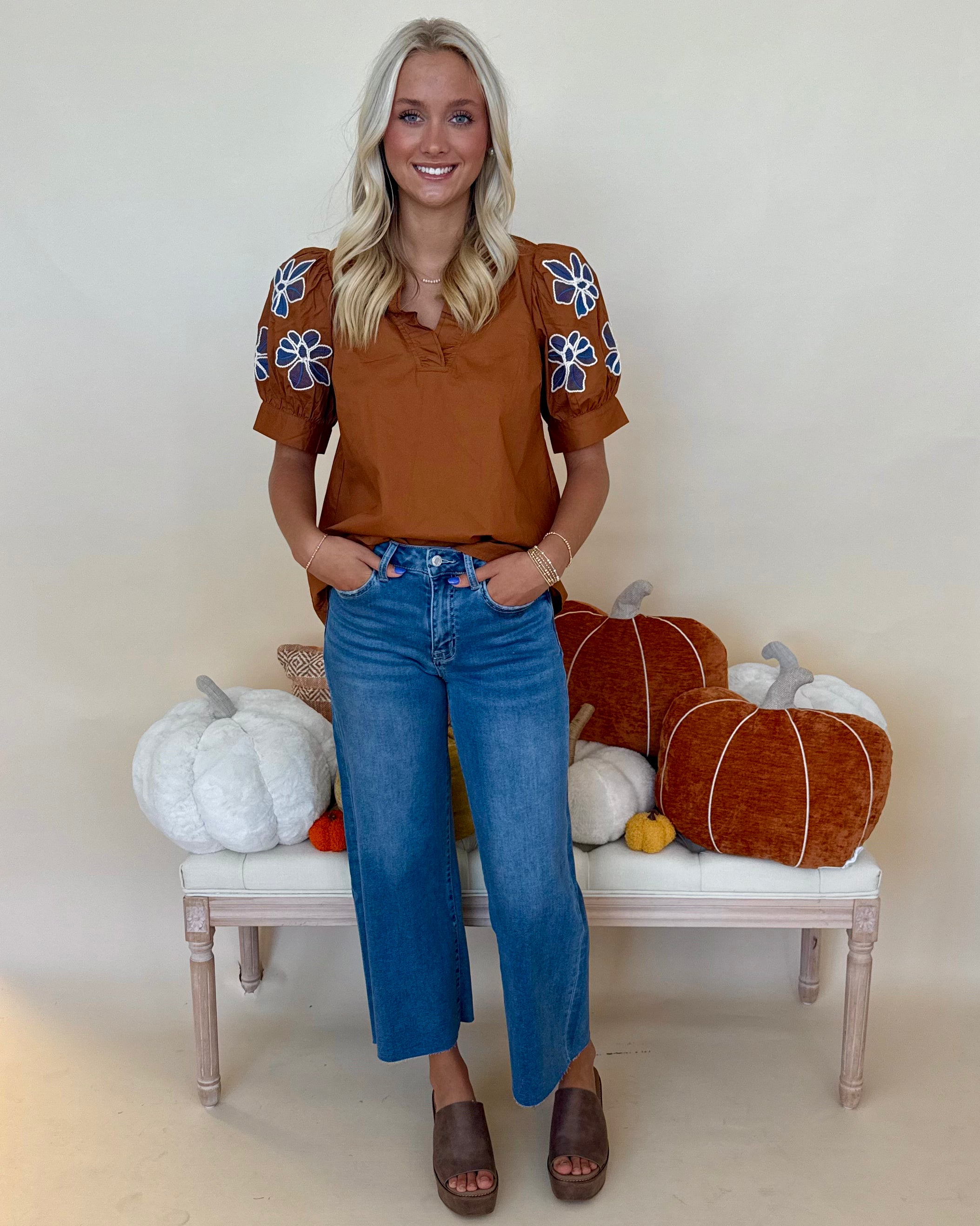 Spotted Around Caramel Embroidered Top-Shop-Womens-Boutique-Clothing